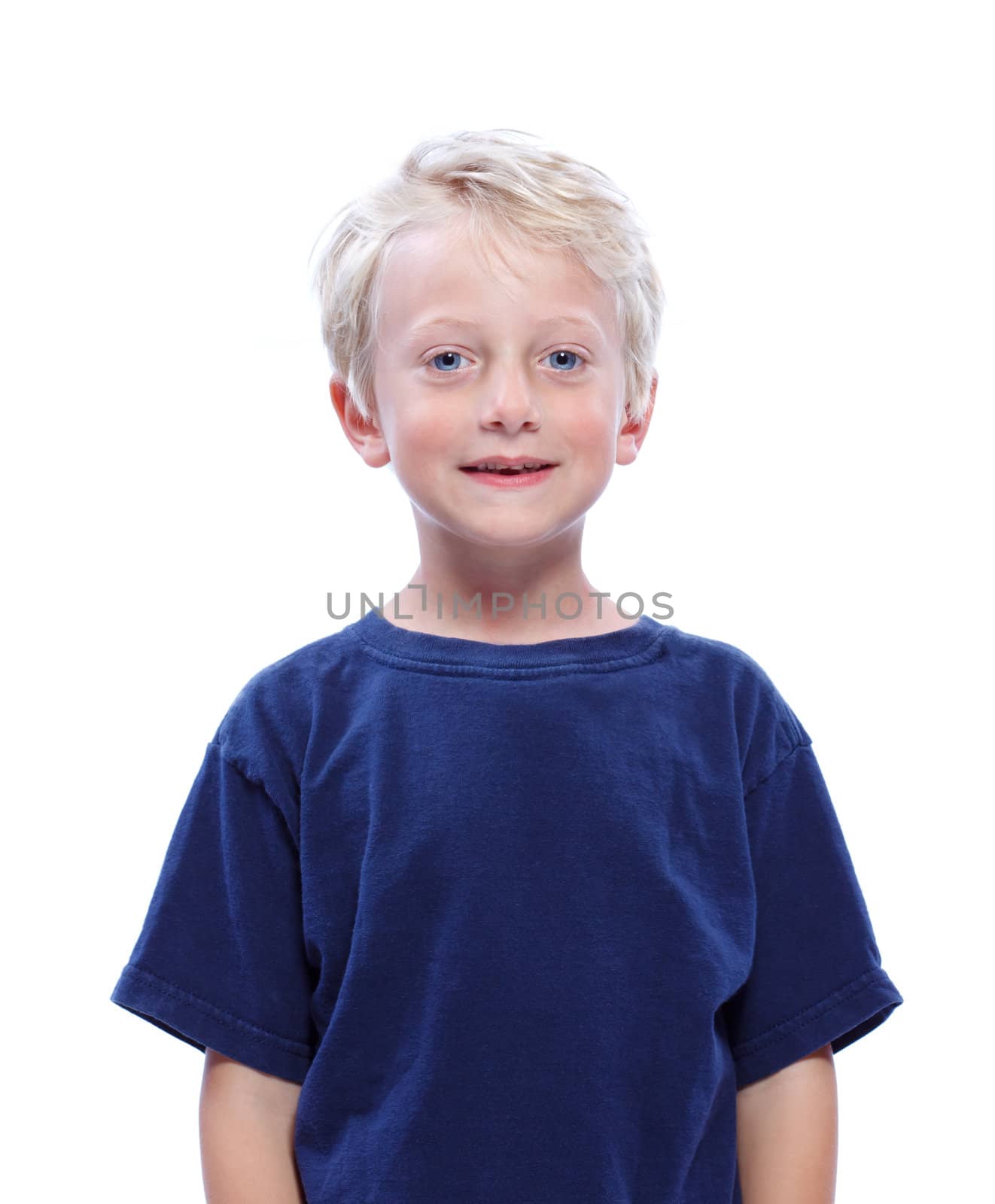 Happy Blonde Boy Smiling in Blue Shirt