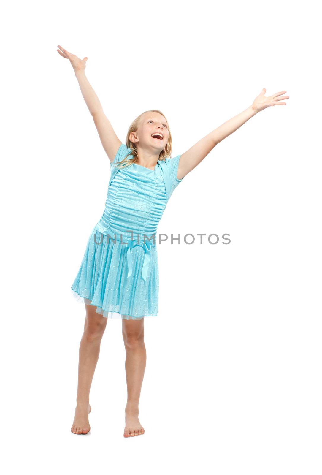 Happy Young Girl in Blue Dress with Arms in the Air - Isolated on White 
