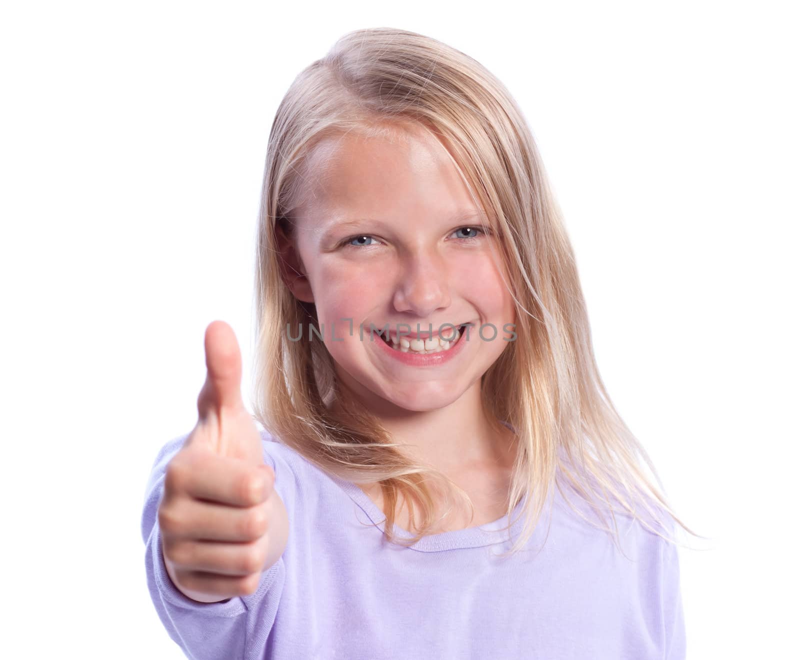 Happy Young Girl Giving Thumbs-up - Isolated on White