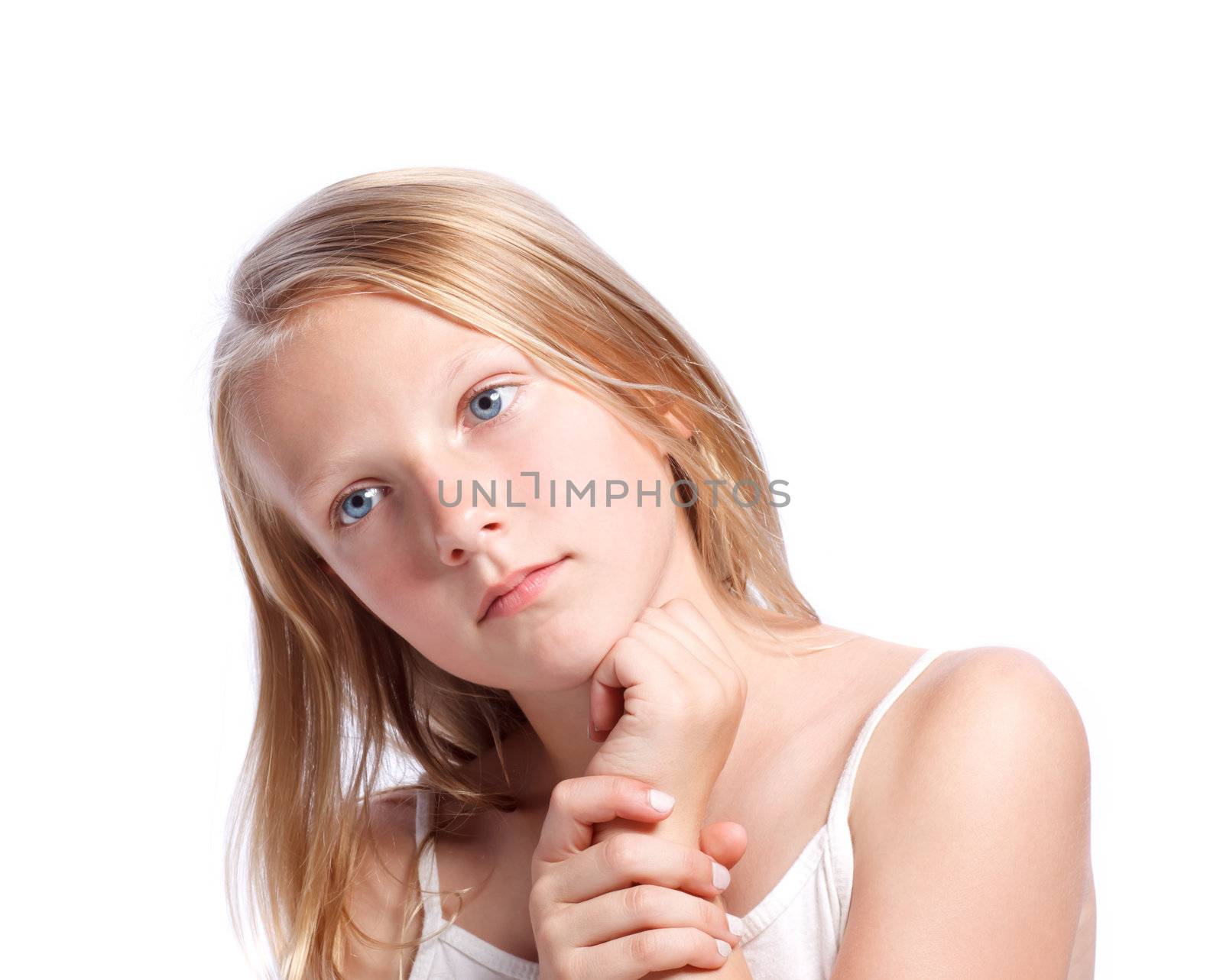 Young Blonde Girl Thinking or Looking - Isolated on White