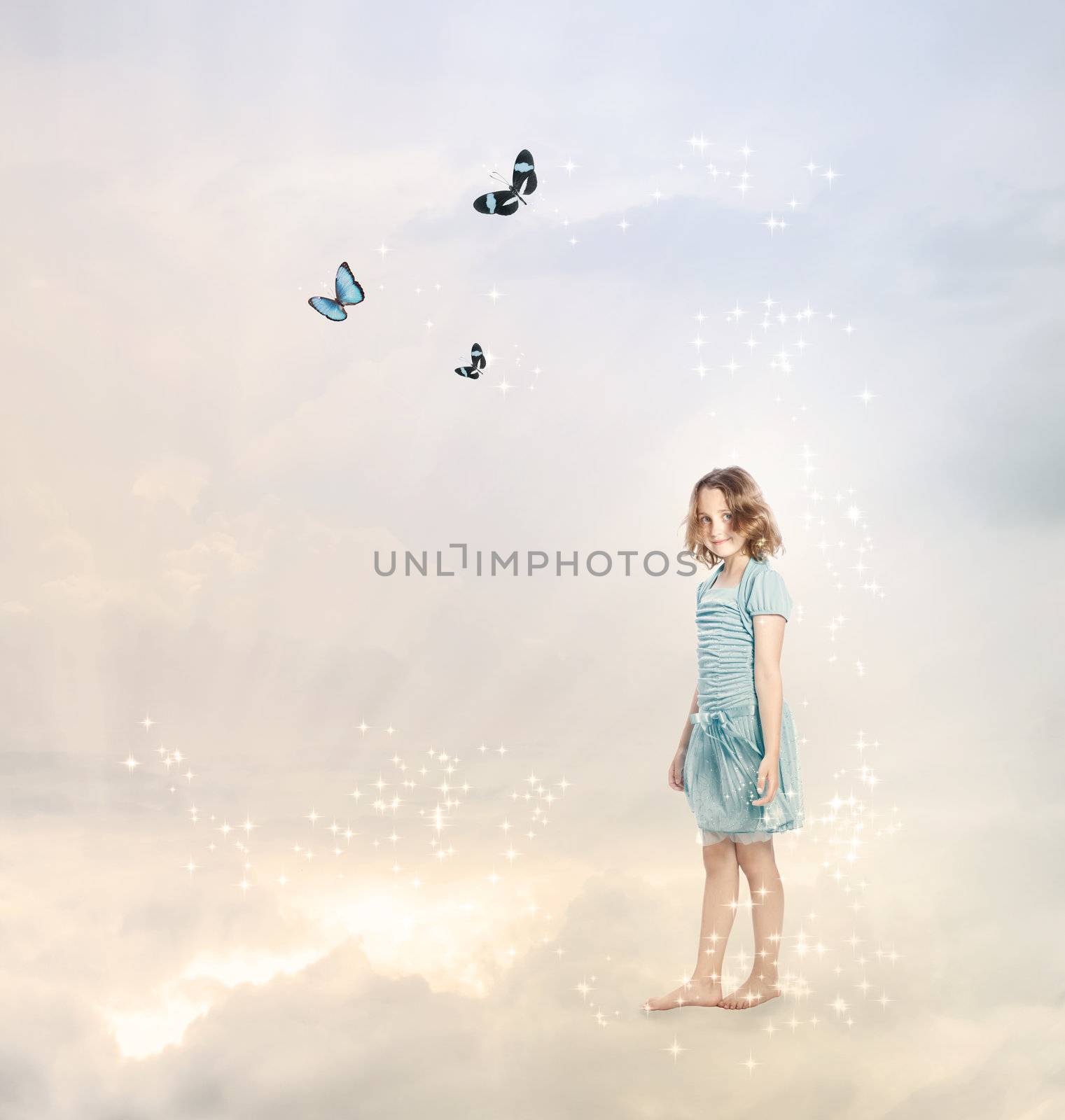 Girl in the Clouds with Butterflies