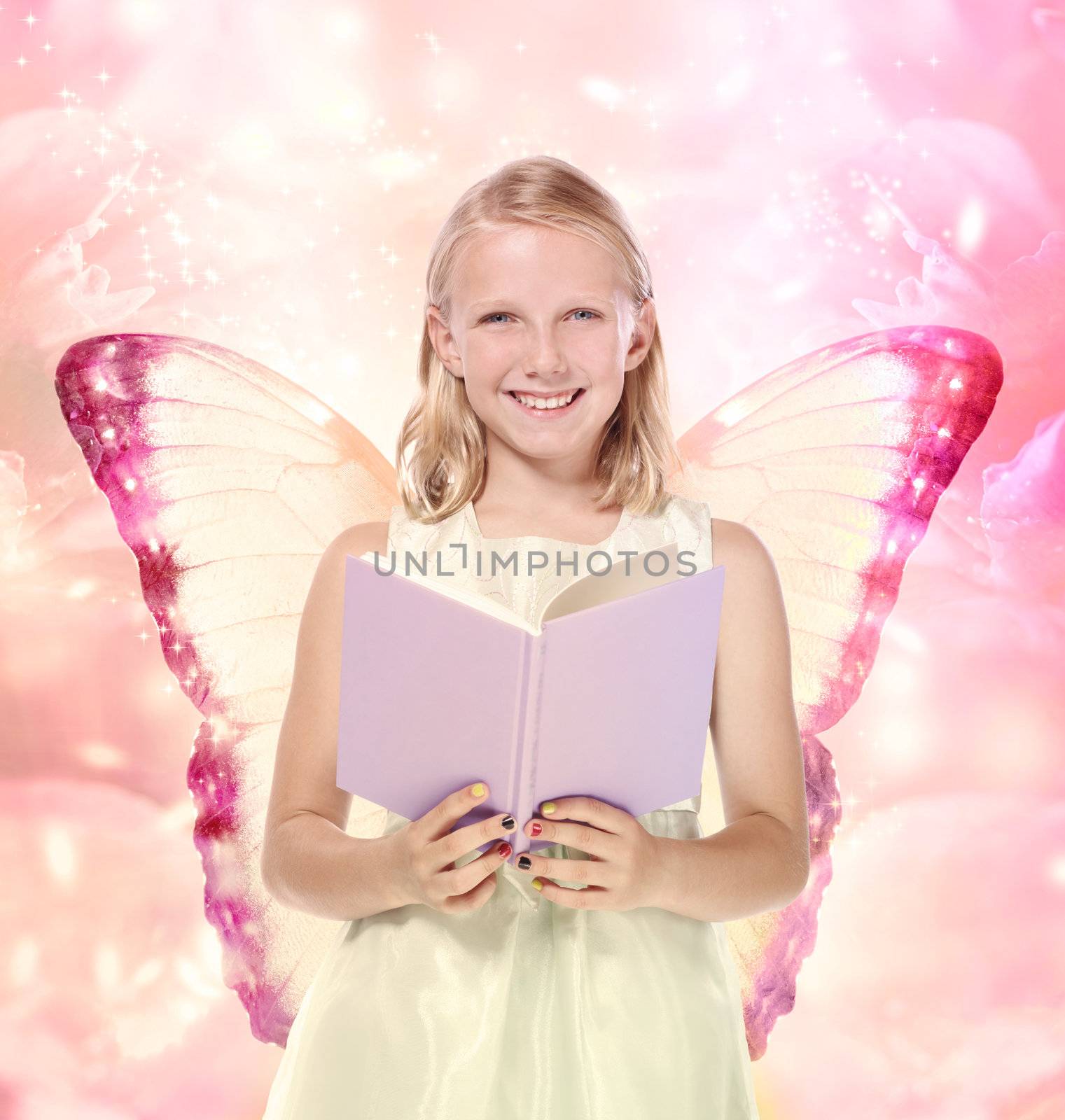 Little Blonde Girl Reading a Book Fantasy Theme