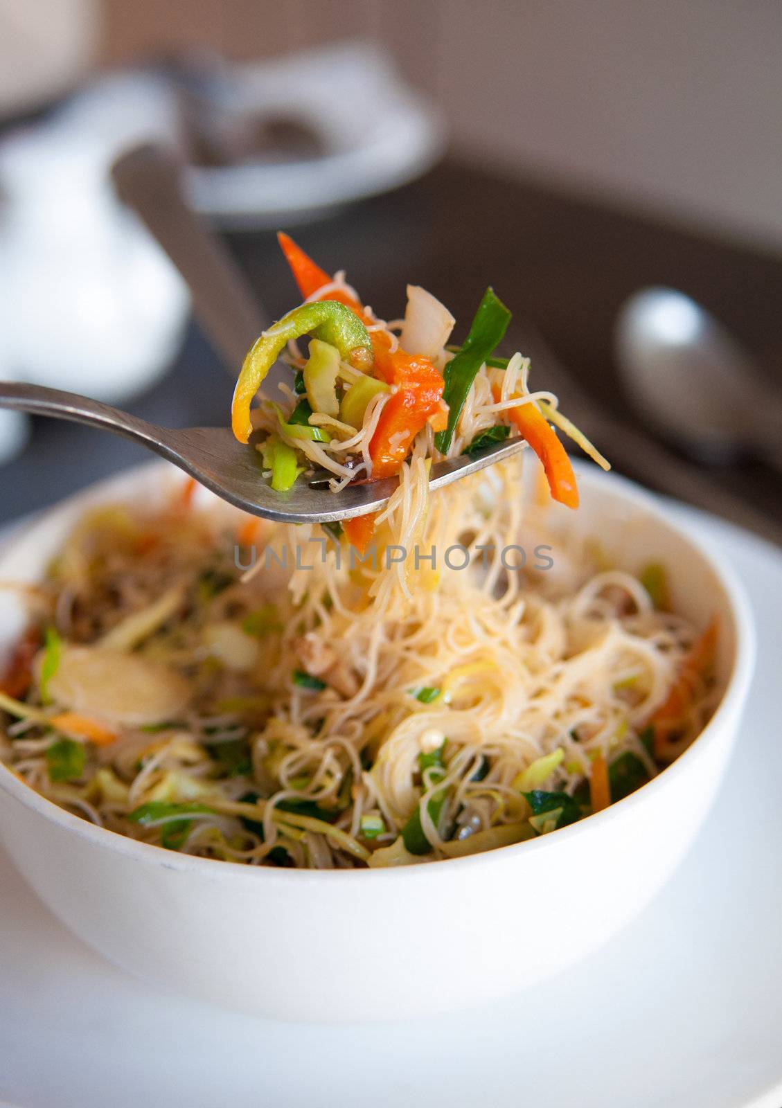 Close up Singapore fried rice noodles