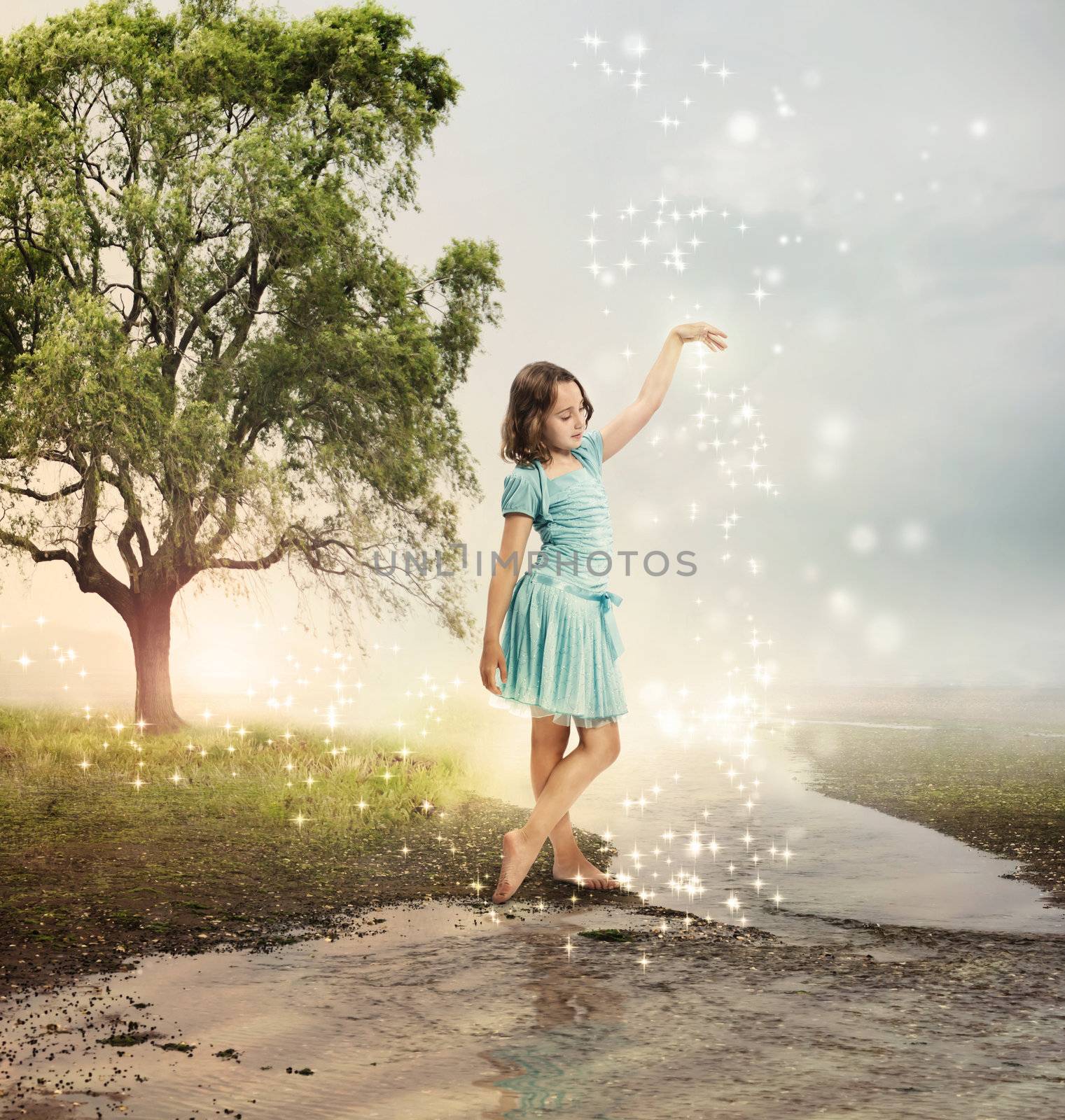 Little Girl at a Shining Brook with Stars