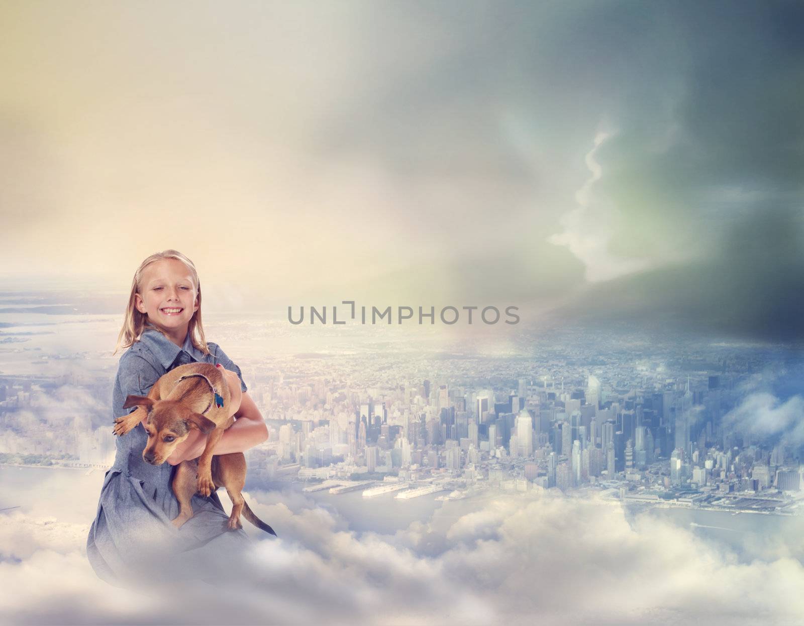 Young Blonde Girl with her Dog on Clouds by melpomene