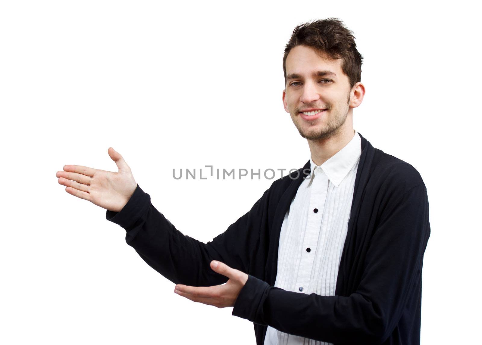 Successful Young Man Presenting over White Background by melpomene