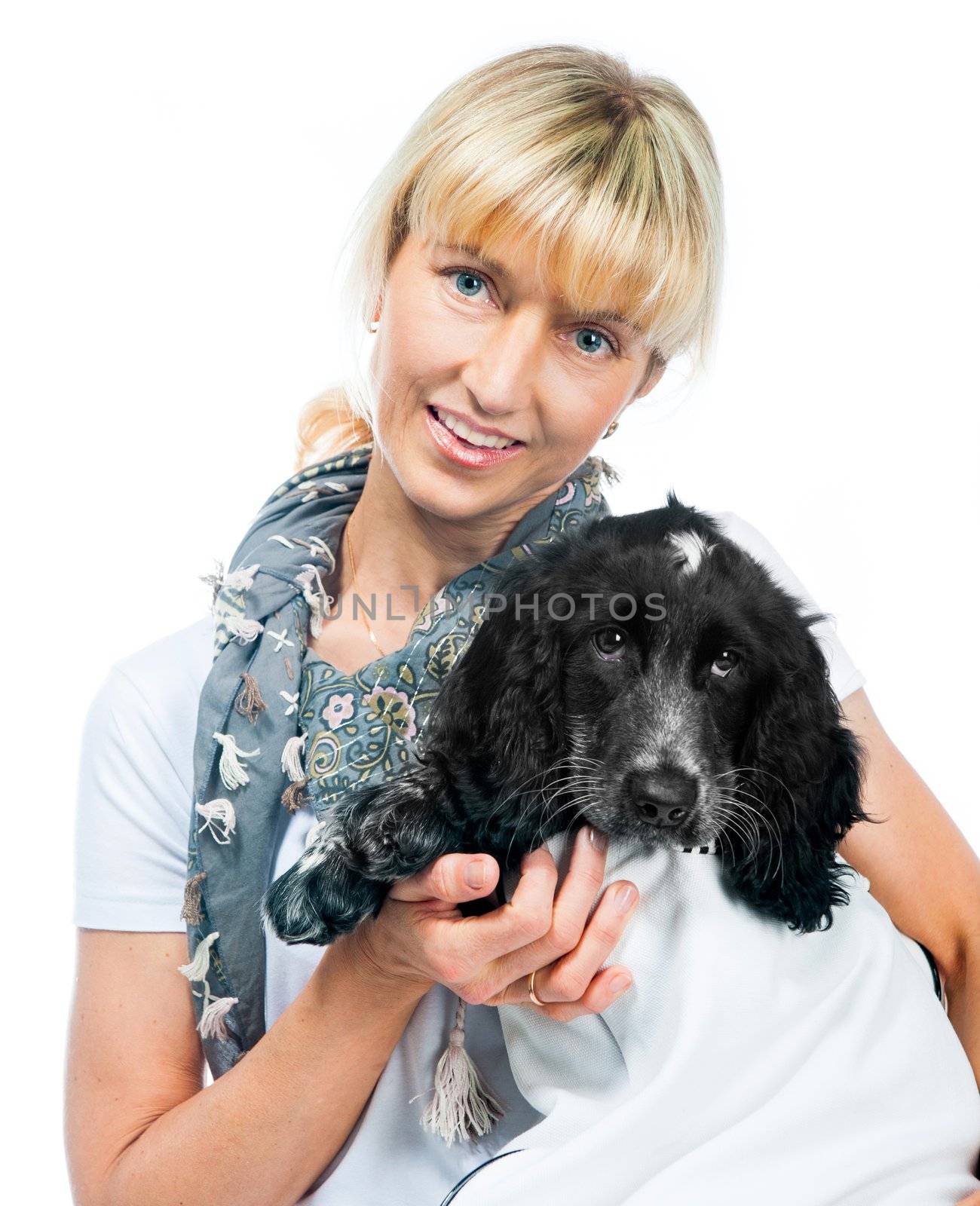 cocker spaniel and young woman on white background