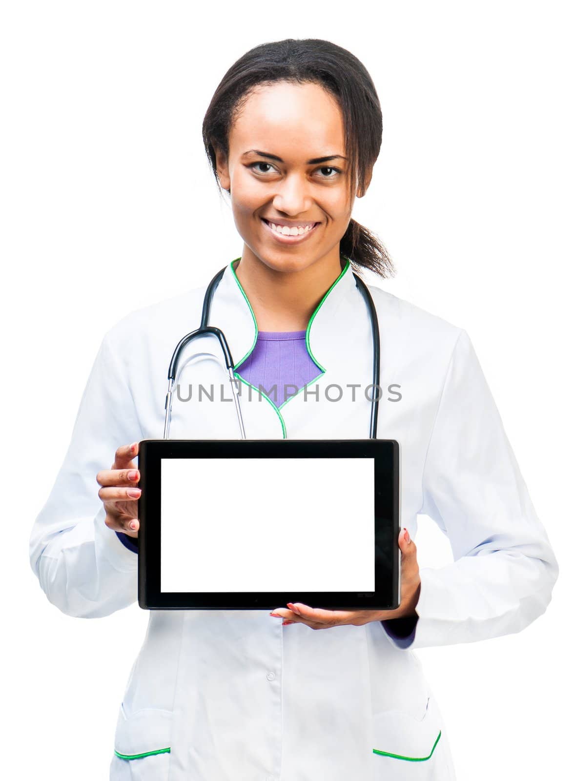 Nice Doctor shows a digital tablet isolated on white background