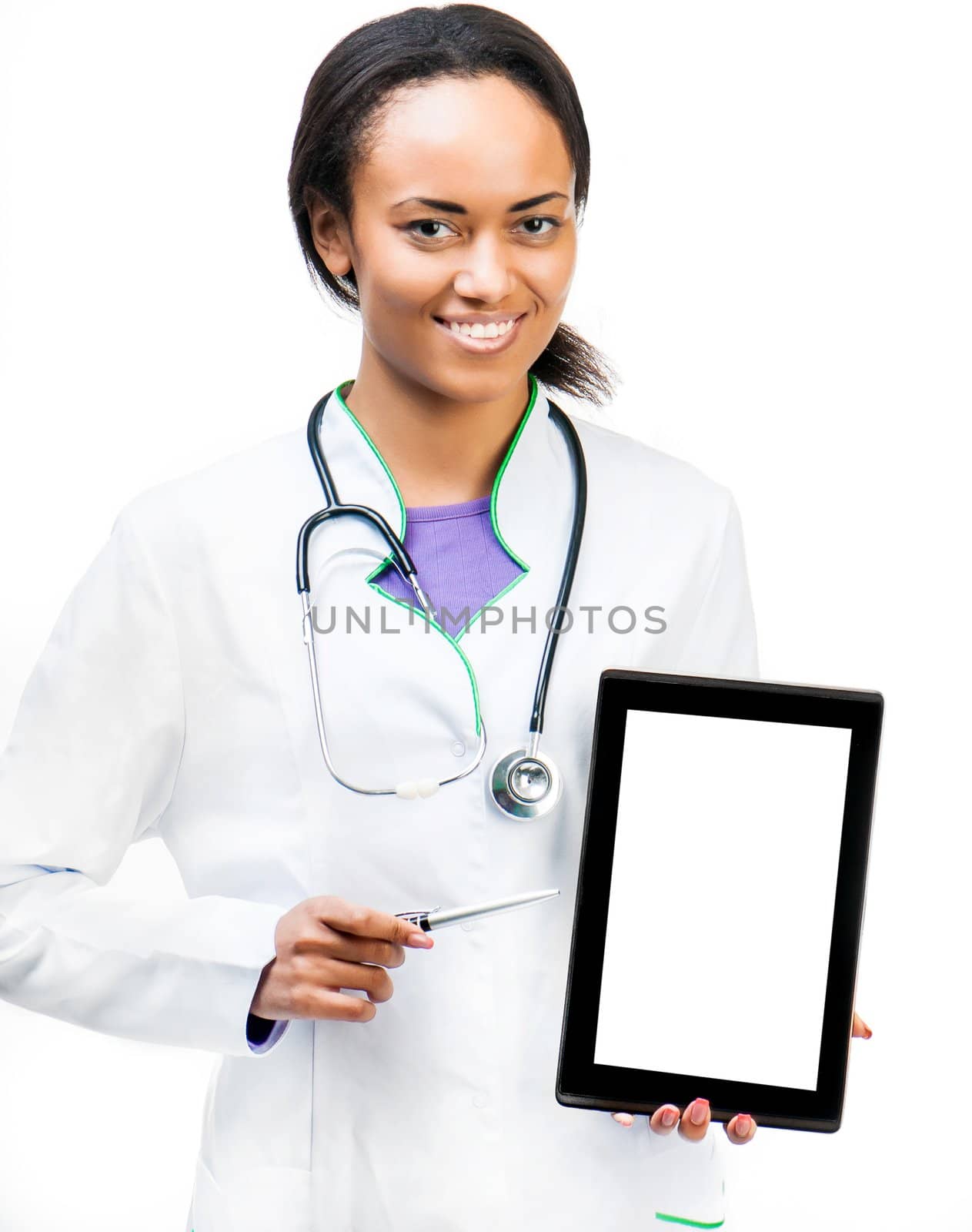 Smiling doctor holding a digital tablet isolated on white background