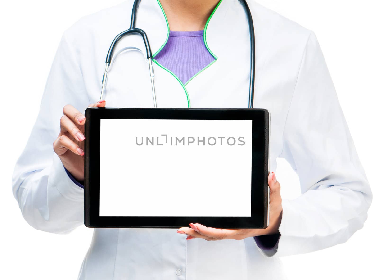 Doctor shows a digital tablet isolated on white background
