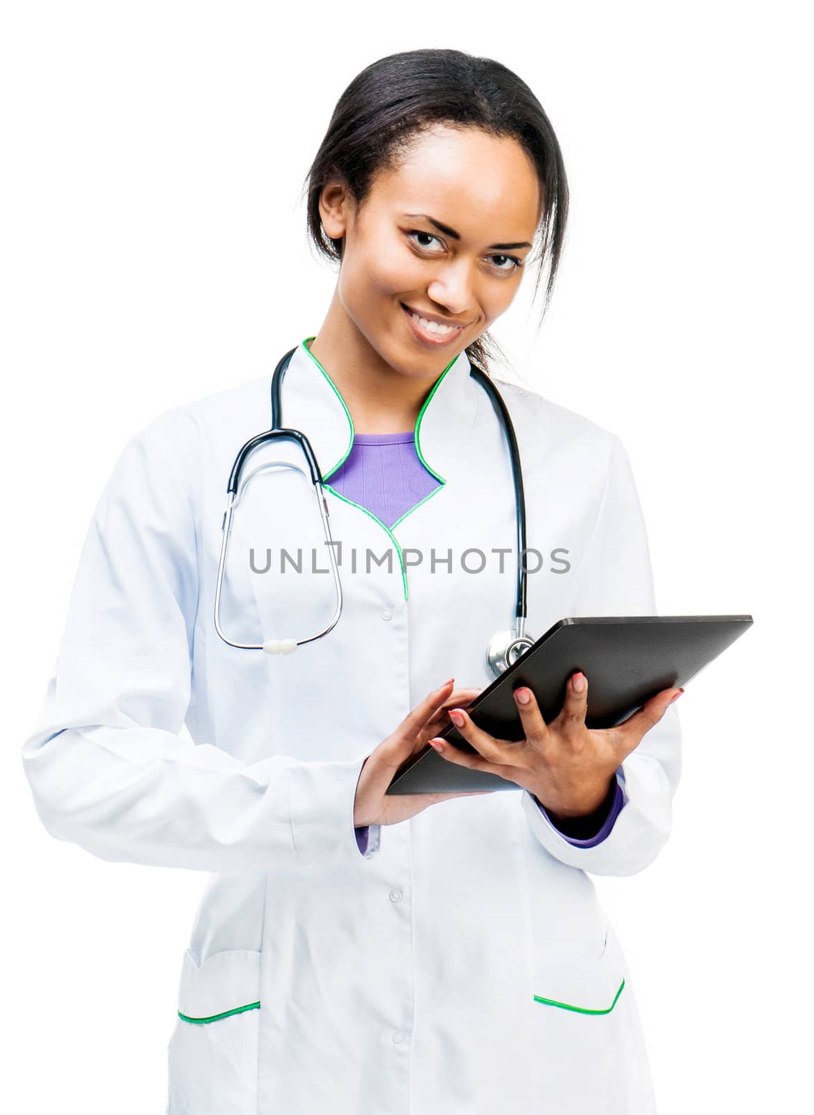 Smiling Doctor working on a digital tablet isolated on white background