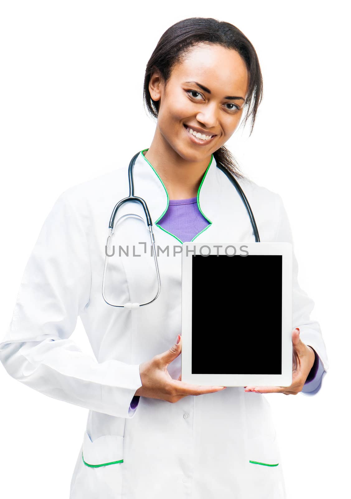 Smiling Doctor holding a white digital tablet isolated on light background
