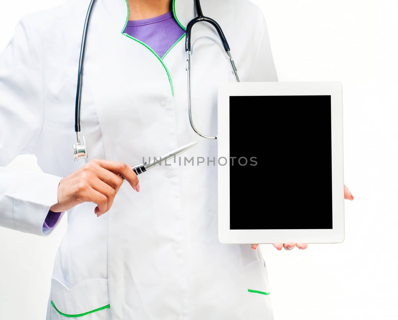 Doctor with a digital tablet and pen isolated on white background