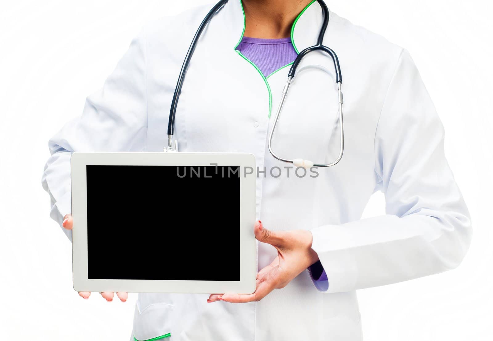 Doctor with a digital tablet isolated on white background