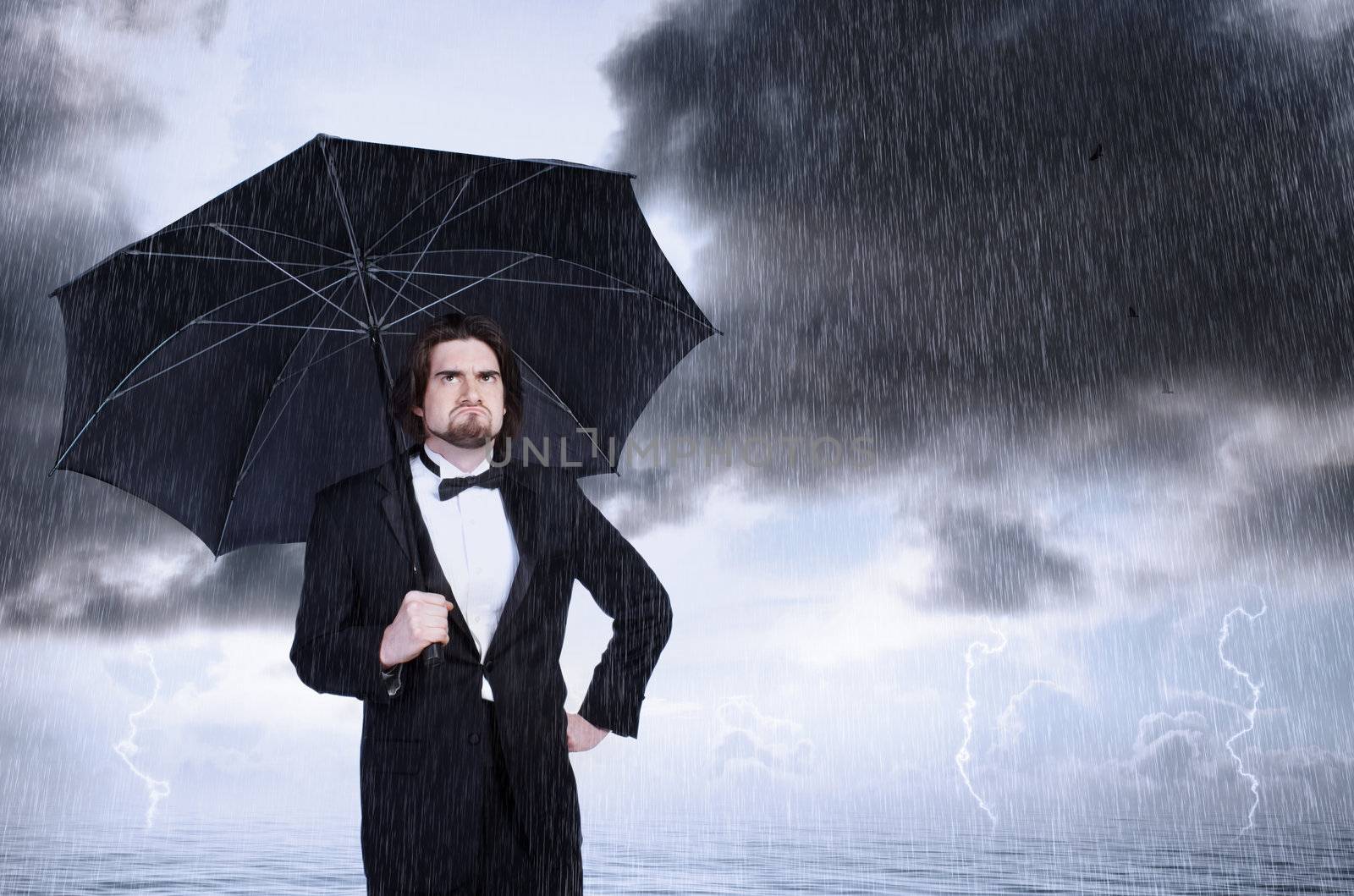 Man Holding Umbrella in the Rain and Frowning  by melpomene