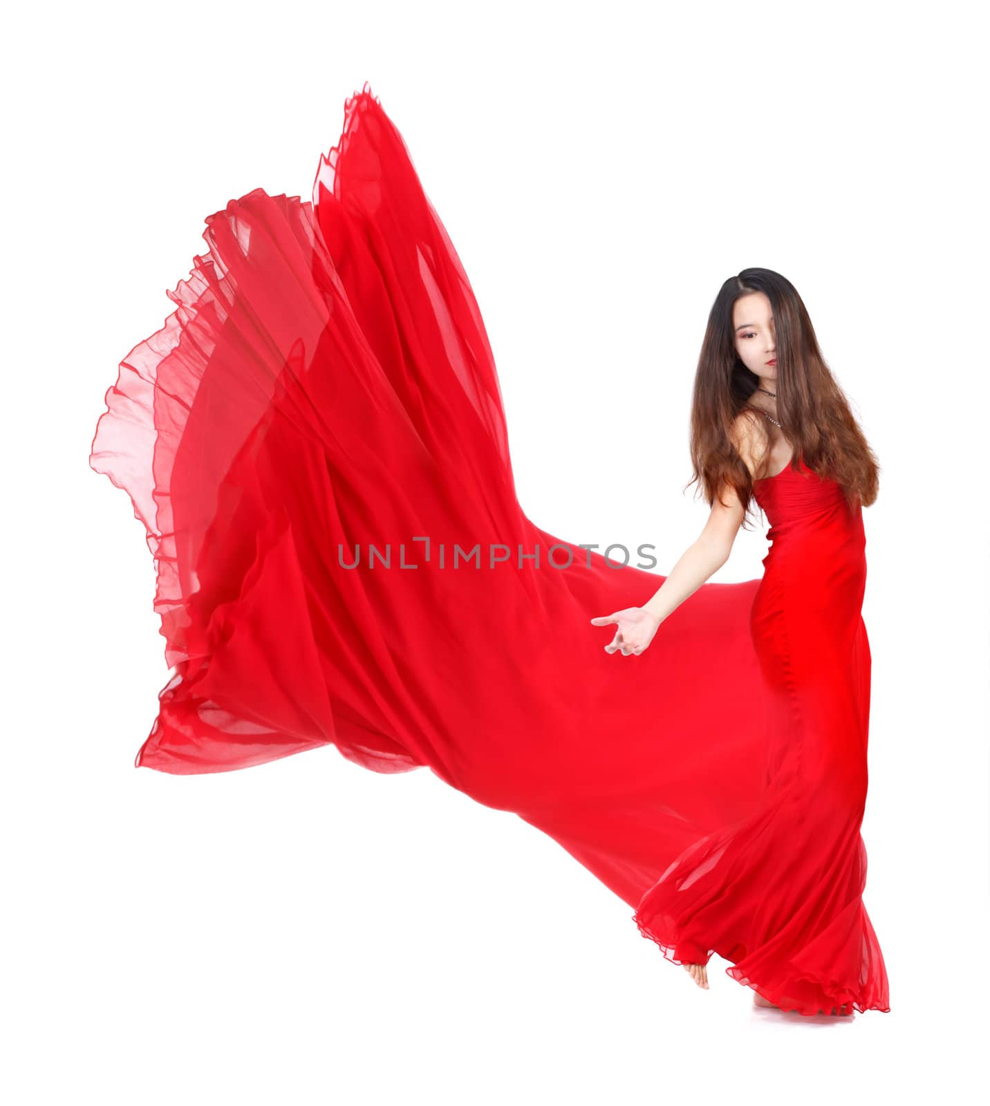 Young Woman in Flowing Red Dress on White Background by melpomene