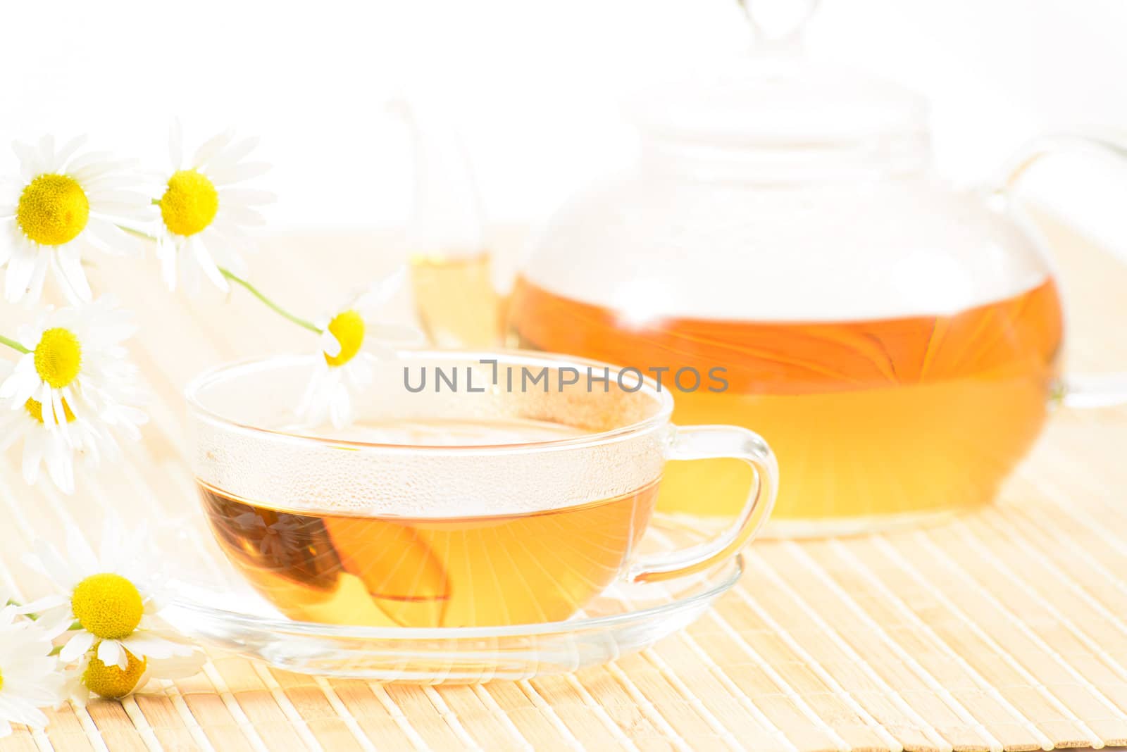 A teacup and a teapot with herbal chamomile tea