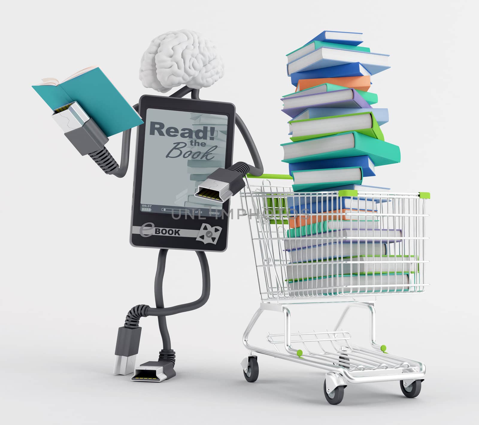 Character reading a book next to a cart full of books