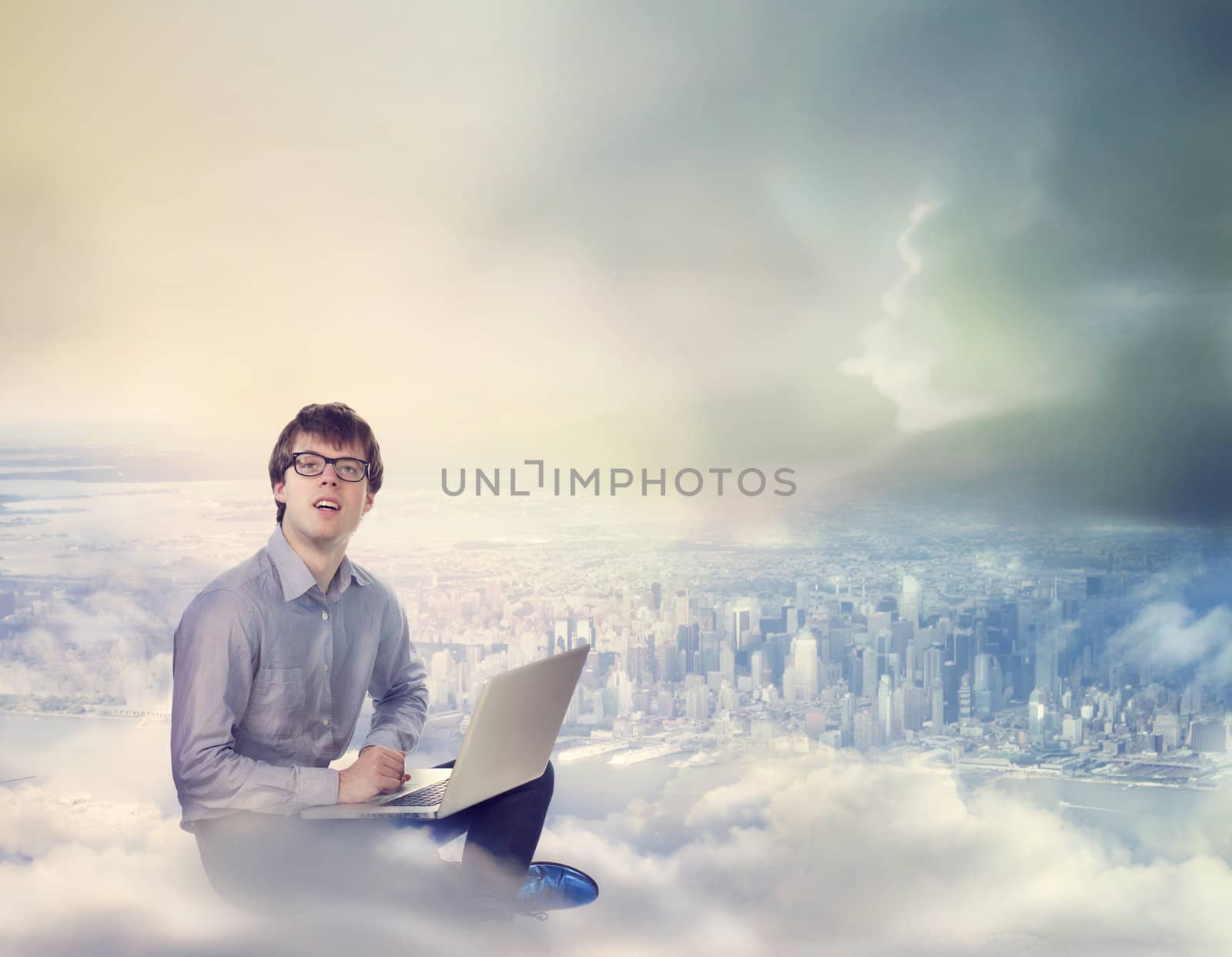 Man with Laptop on Clouds by melpomene
