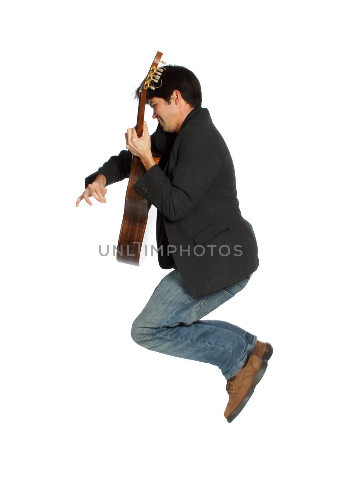 Isolated Guitar Player Jumping