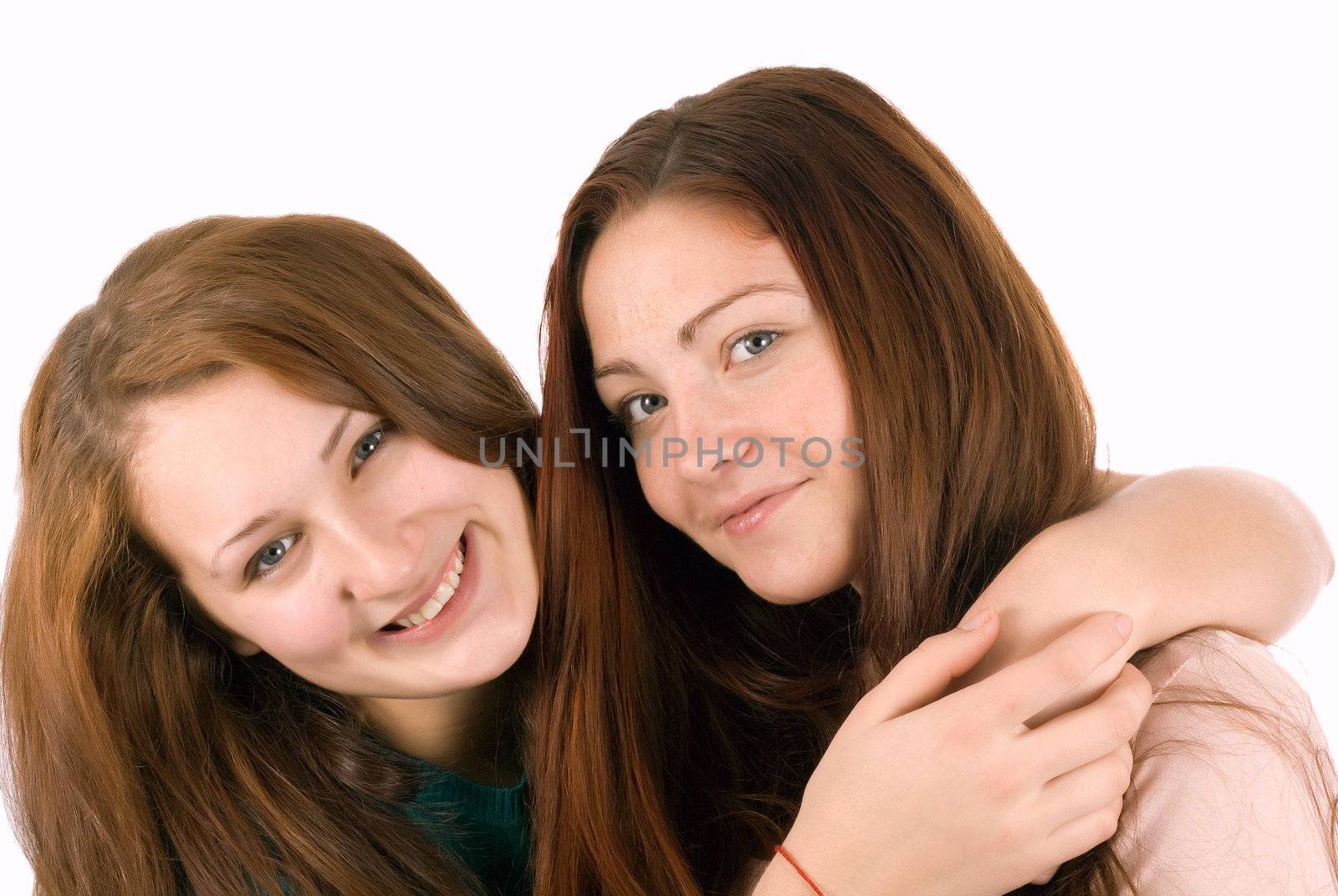 Two happy girl. Girlfriends isolated on white background
