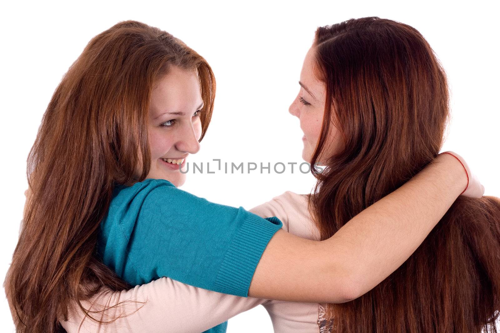 Two happy girl. Girlfriends isolated on white background