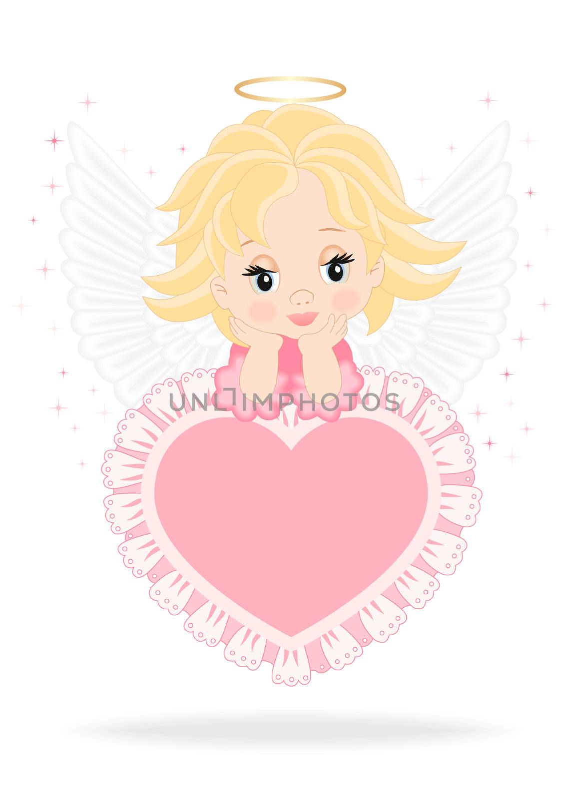 Angel sitting on a pink heart isolated on white background