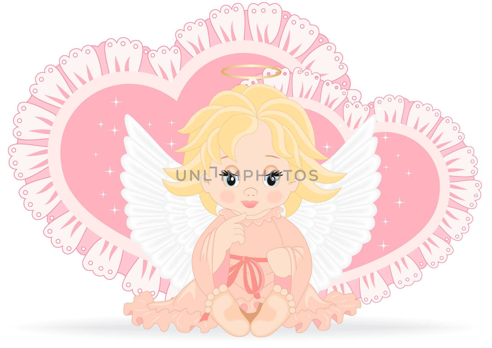 angel sitting in front of pink hearts isolated on white background