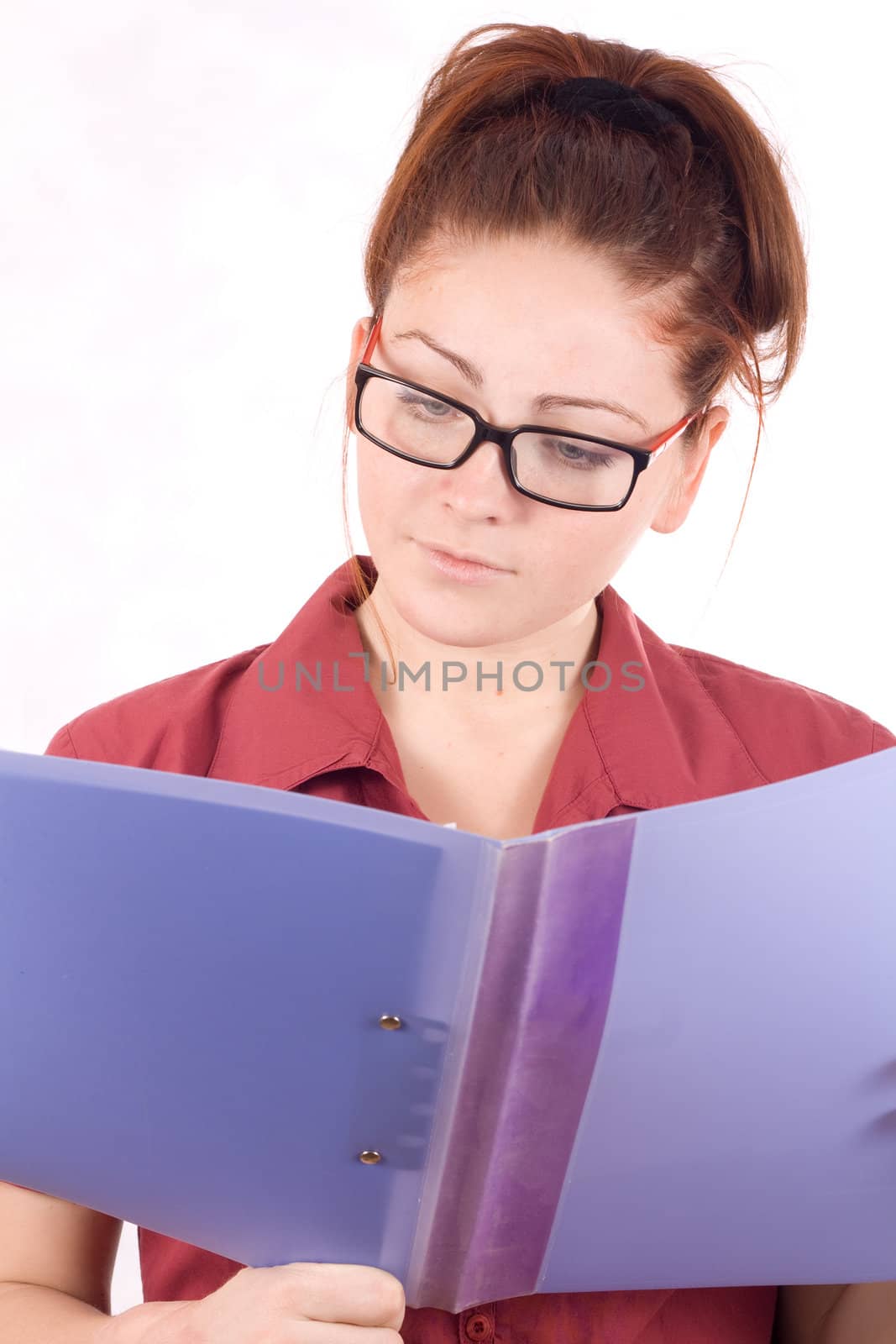 Business women with folder in hand isolated on white background
