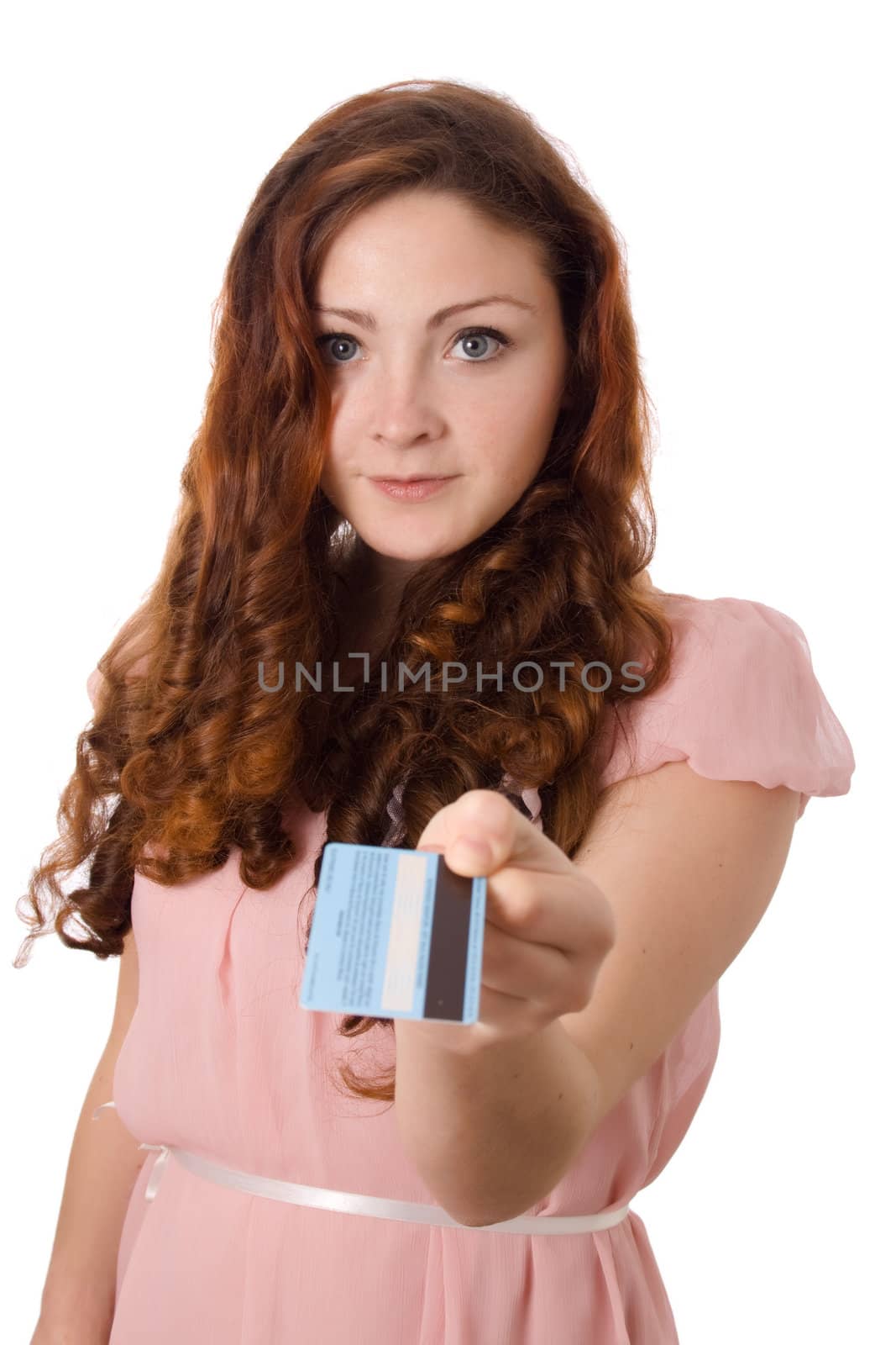 Beautiful girl holds out a bank credit card
