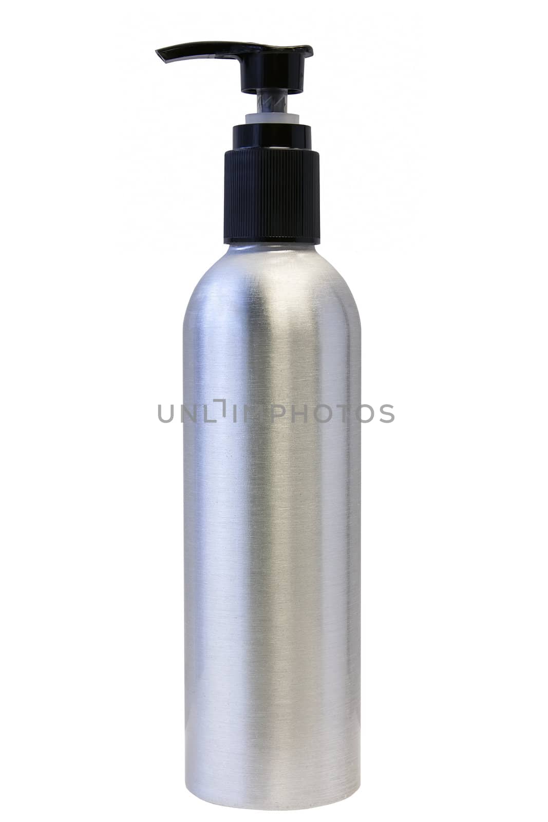 Aluminum Bottle with Pump for Lotion or Liquid Soap Isolated on White Background