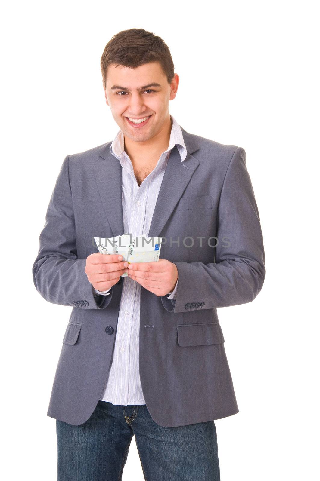 Young guy in casual style holding cash isolated on white