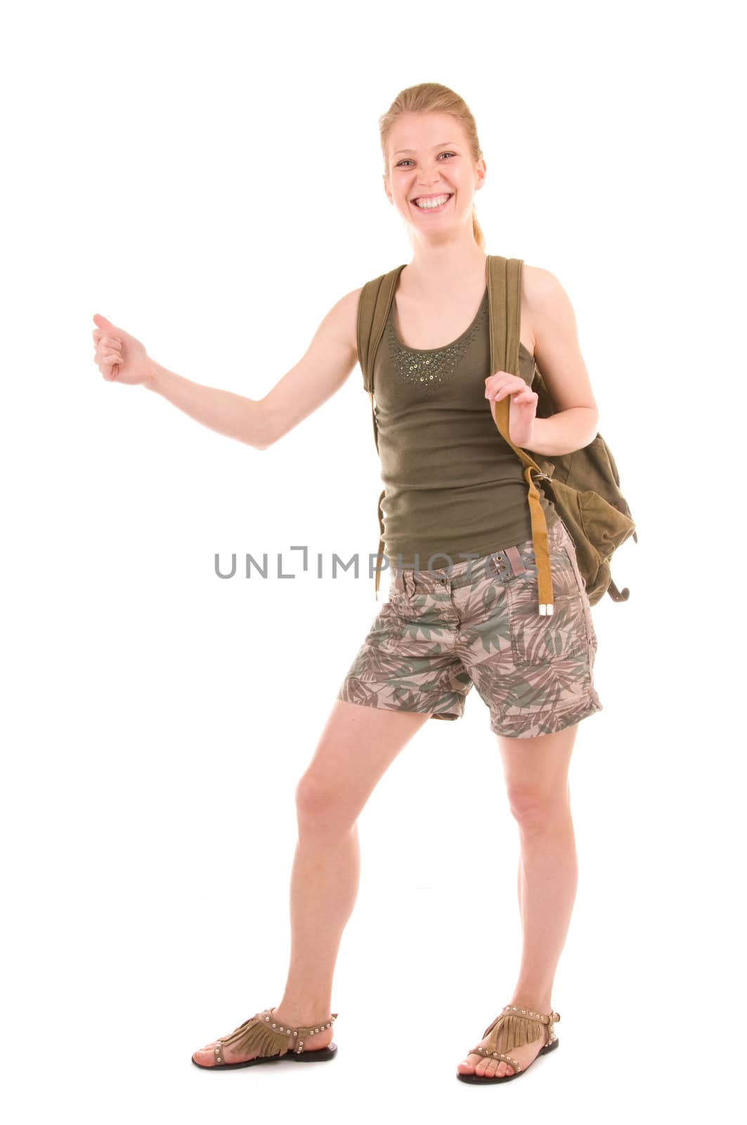 Backpacker a young woman isolated on white backgroumd