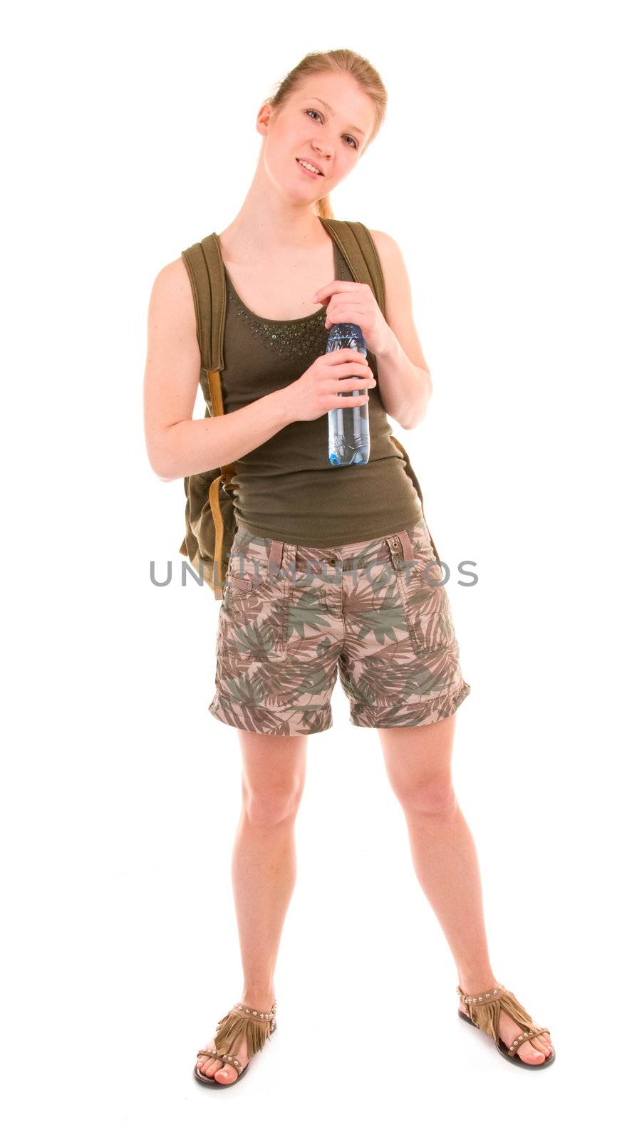 Backpacker a young woman with water bottle isolated on white backgroumd