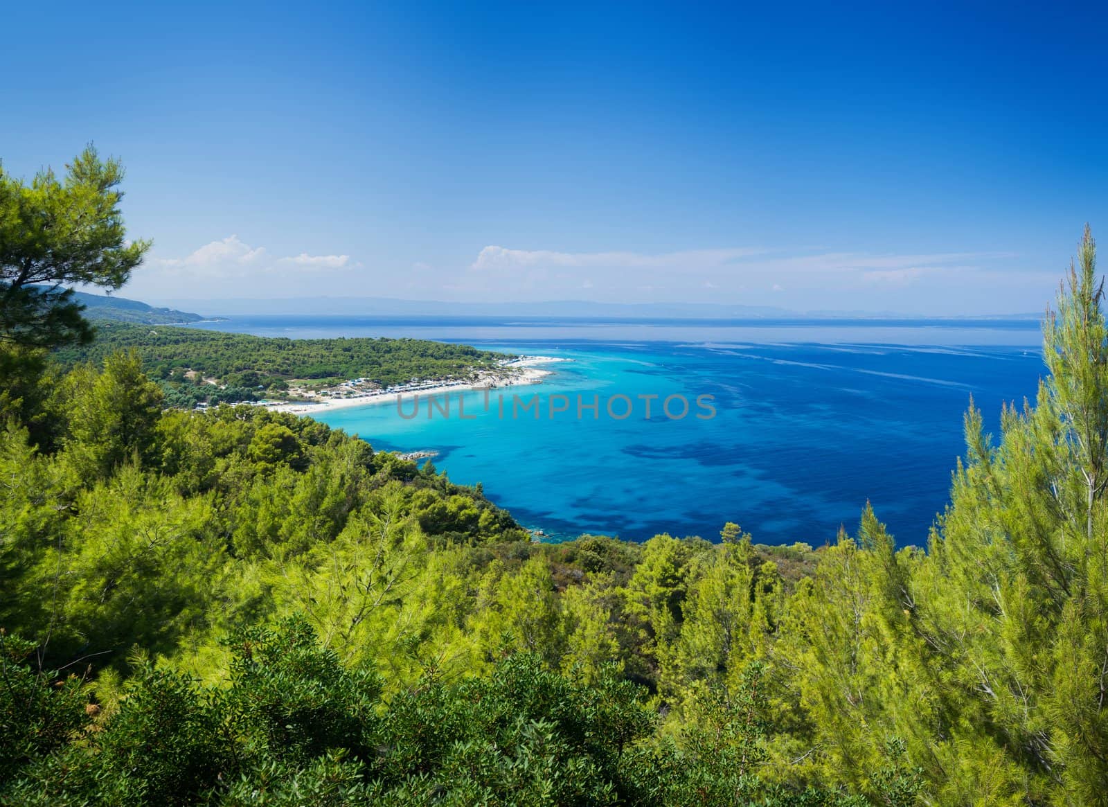Panorama of beautiful beach lagoon in the coast of Halkidiki, Greece.