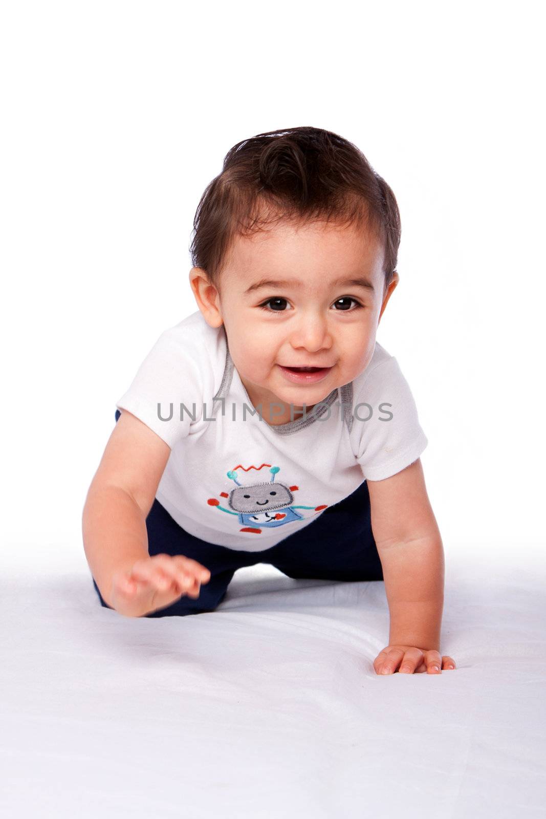 Cute happy crawling baby toddler smiling, on white. Growing up concept.