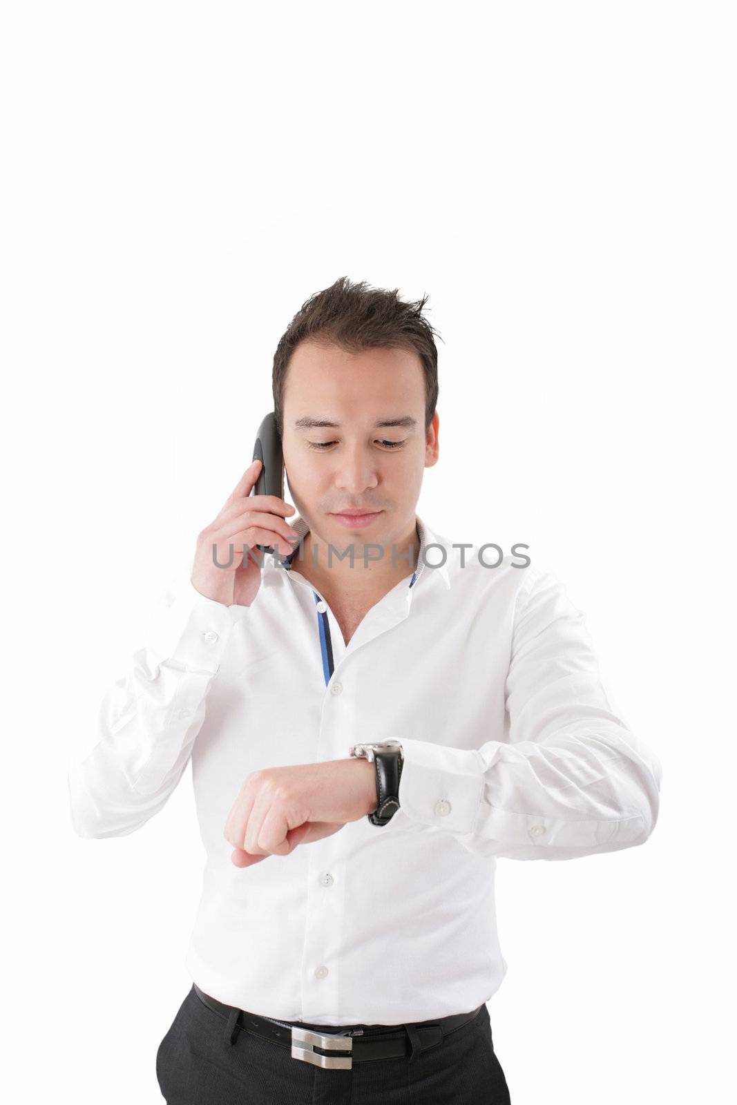 Businessman look his watch, isolated on white by dacasdo