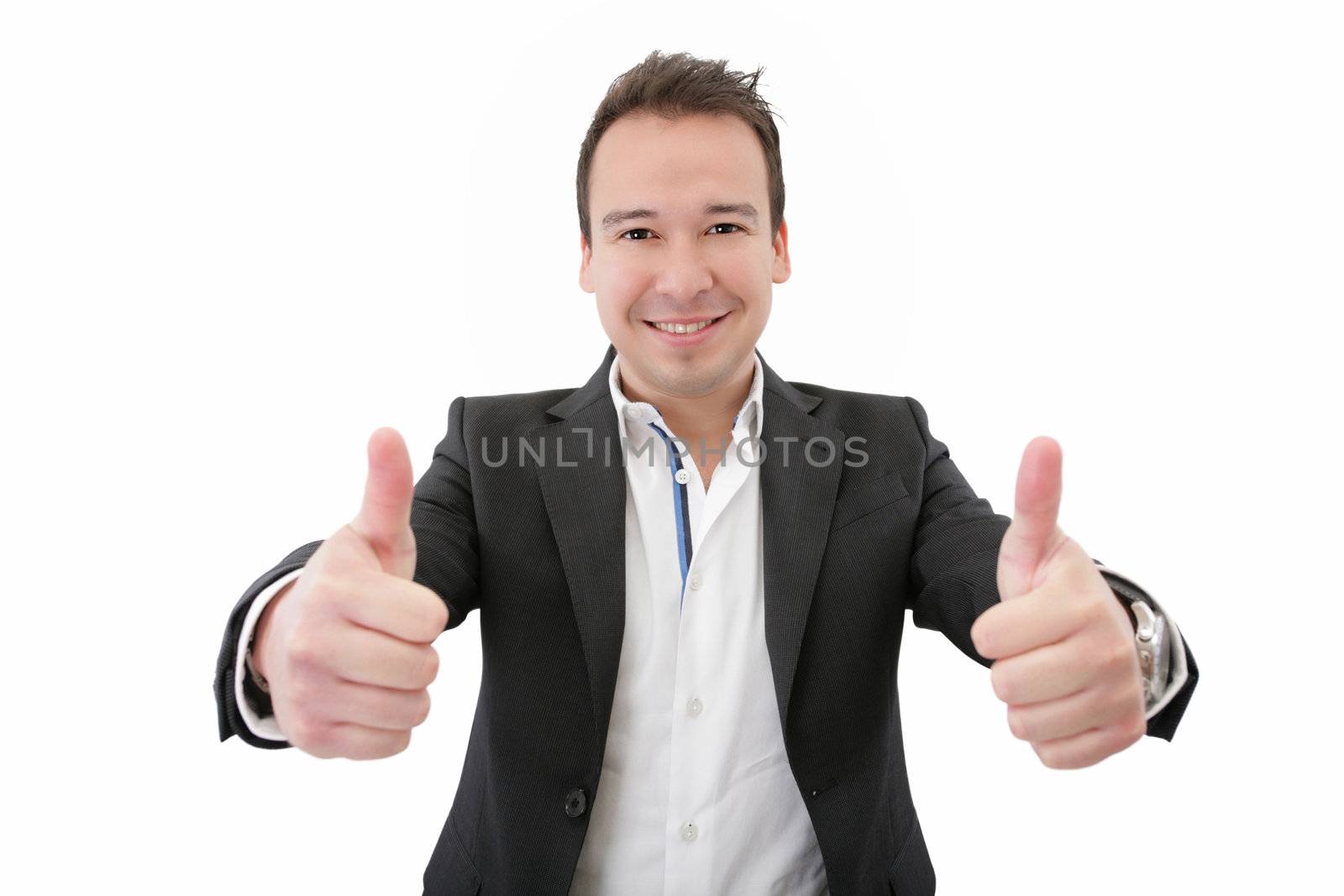 Smiling young business man thumbs up, isolated on white. Focus on man
