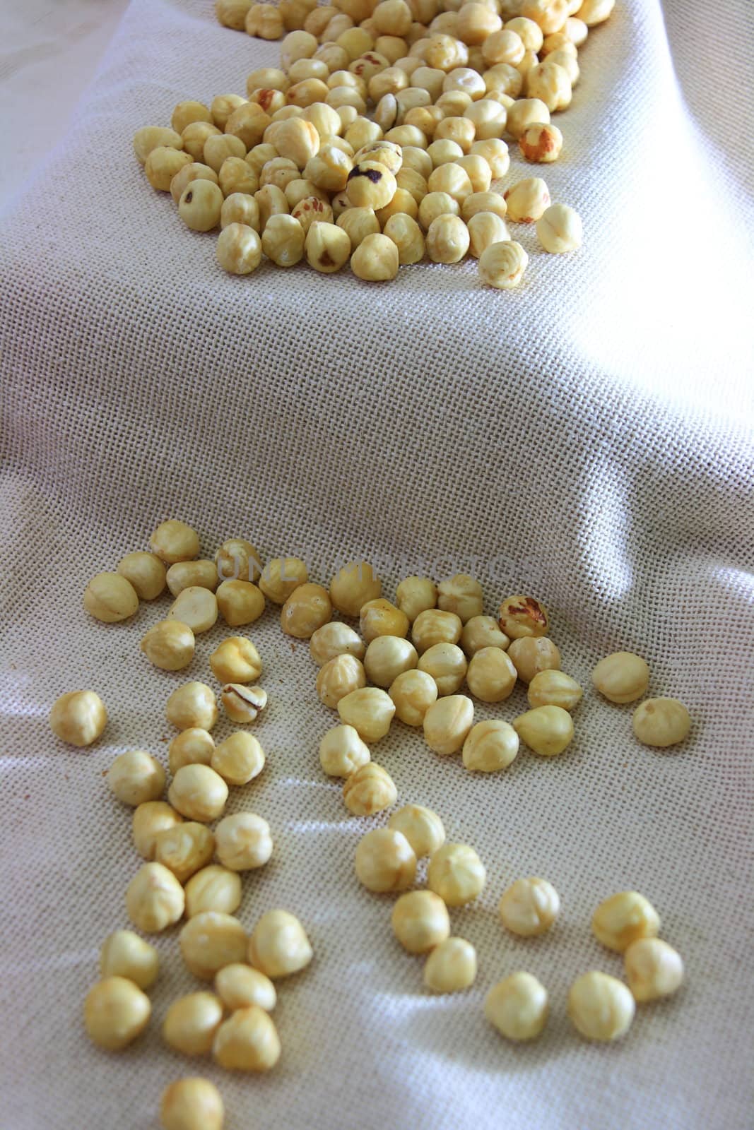 light bown fresh hazelnuts in group on natural cloth 