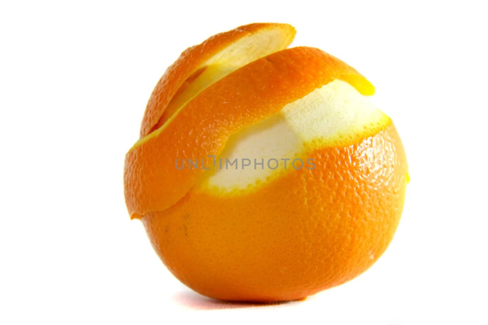 peeling one orange on white isolated background