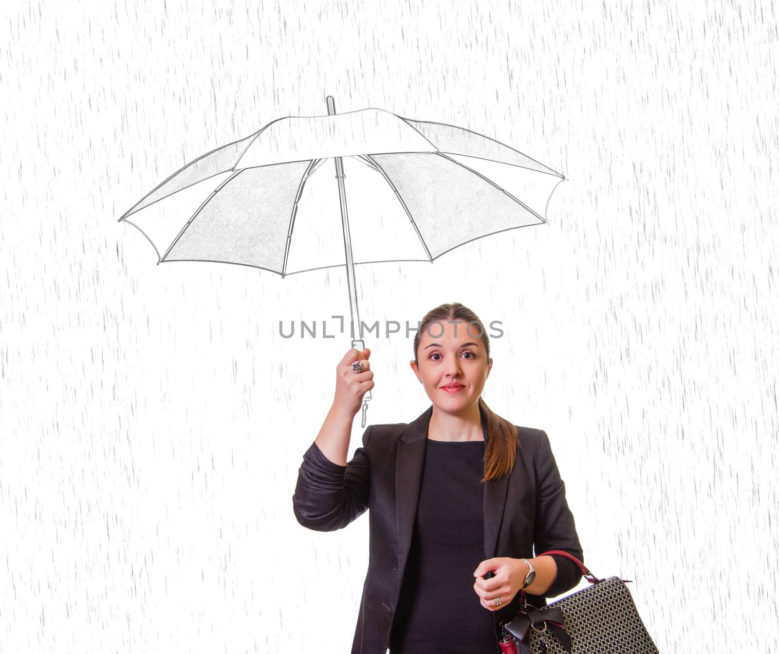 Pretty girl with drawing umbrella isolated on white background by doble.d