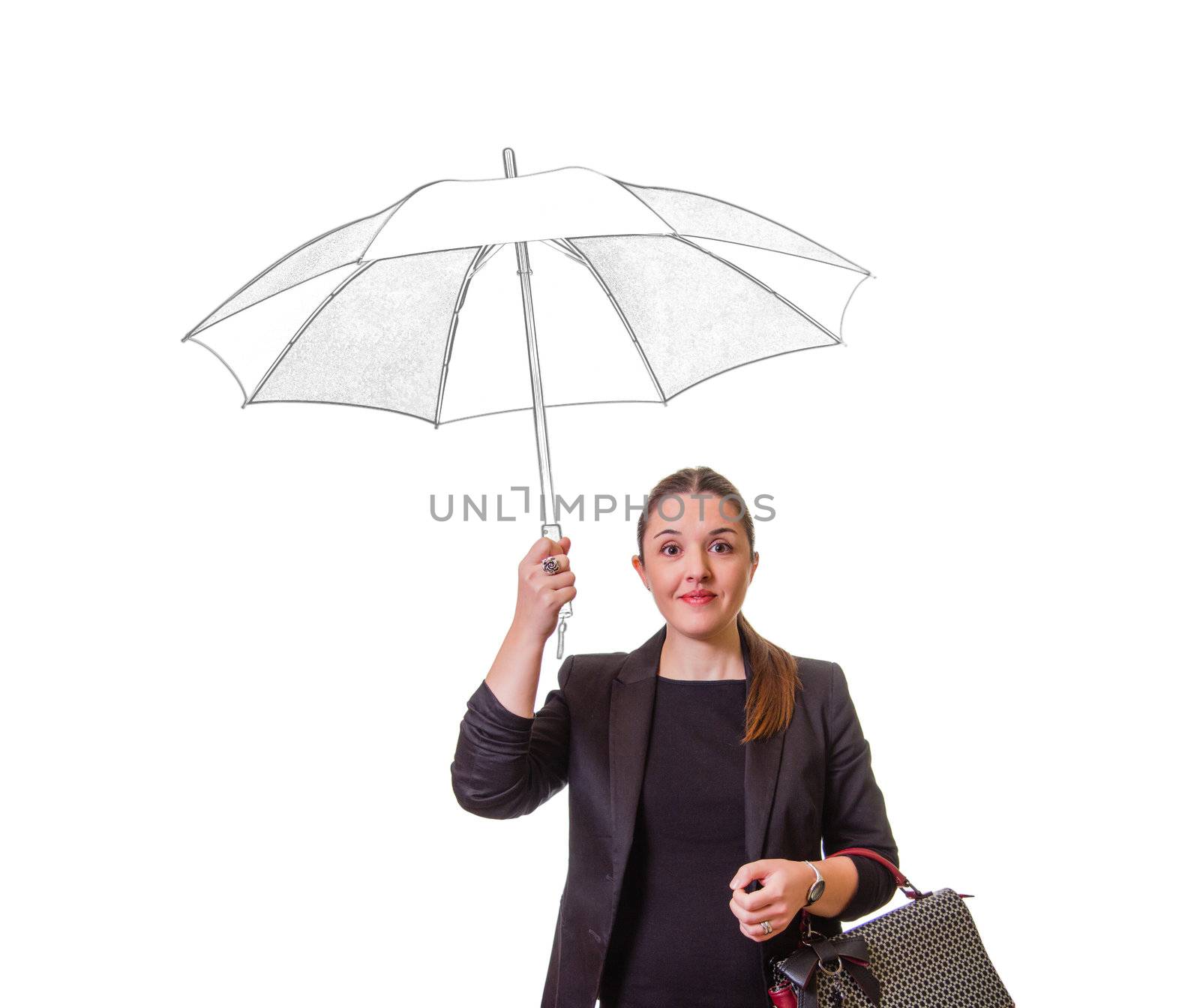 Pretty girl with drawing umbrella isolated on white background by doble.d