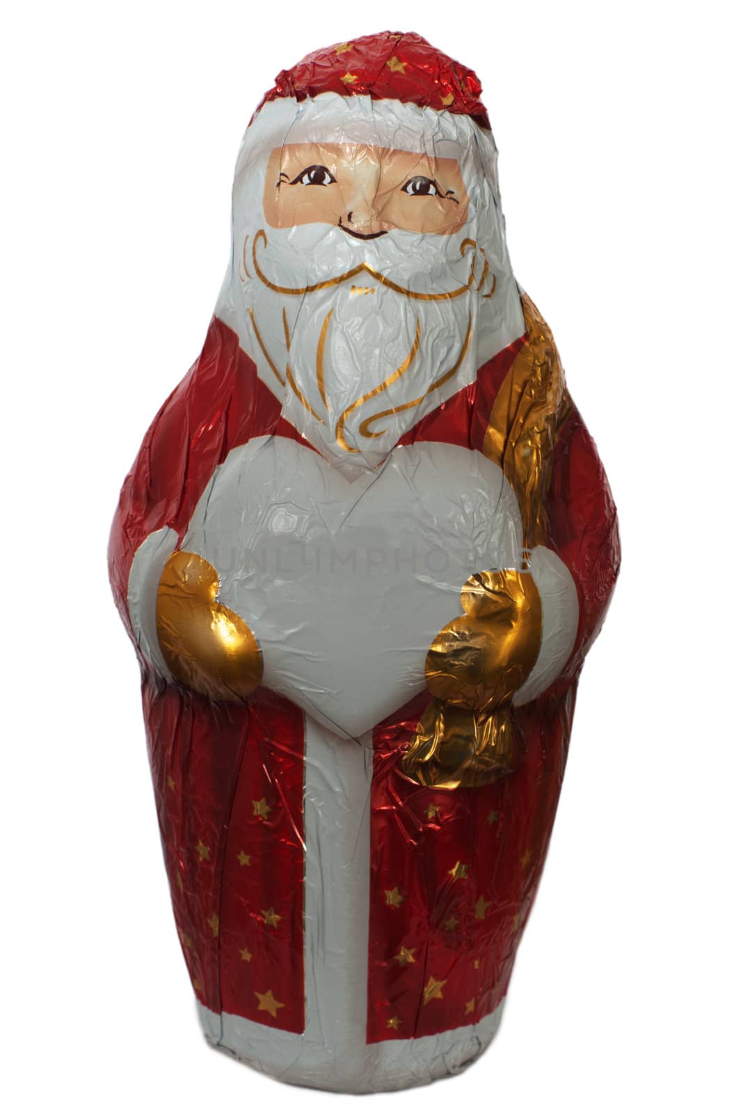 Chocolate Santa Claus figure carrying a hear shape that can be used for your text