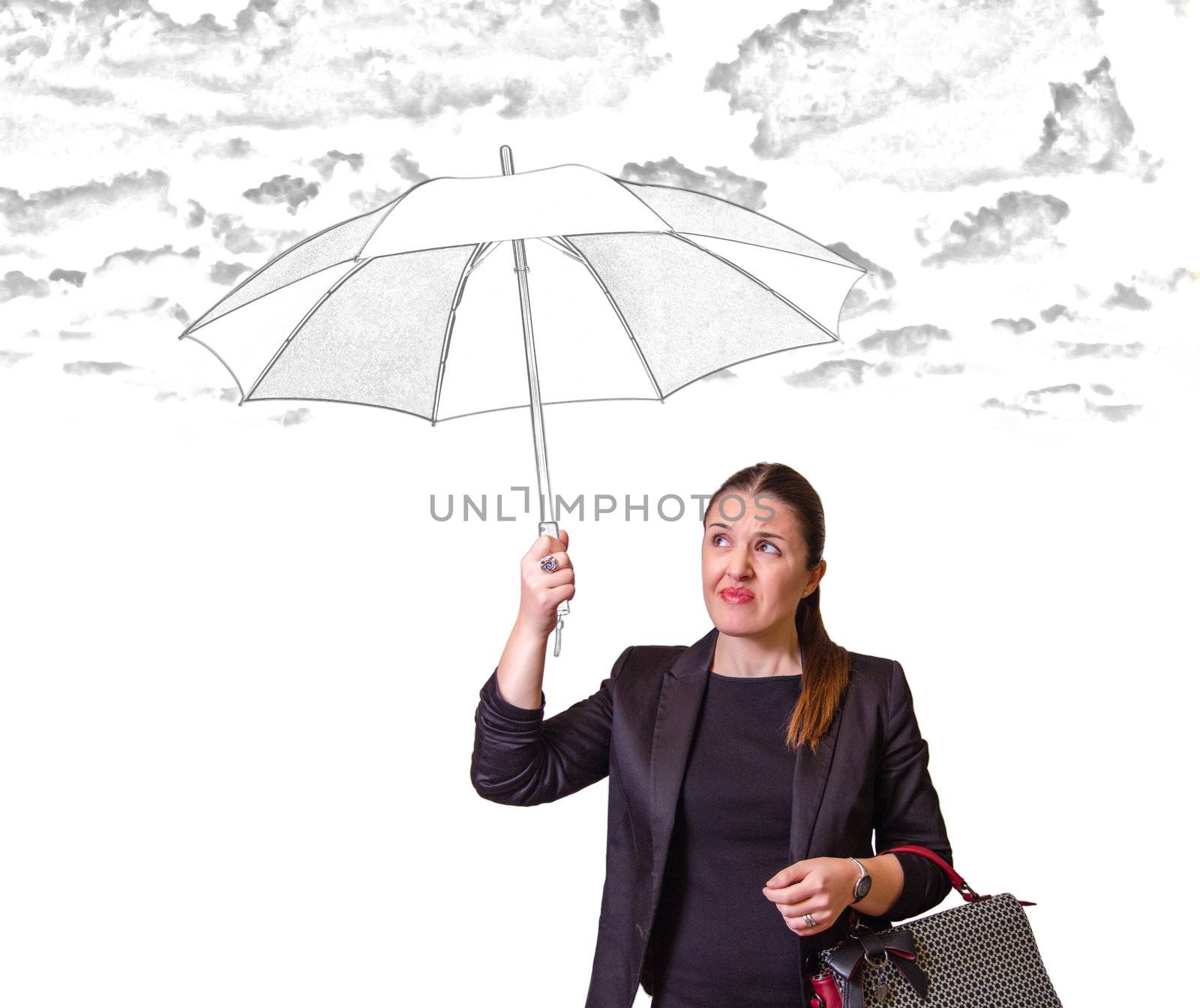 Portait of pretty smiling girl with drawing umbrella under the rain isolated on white background