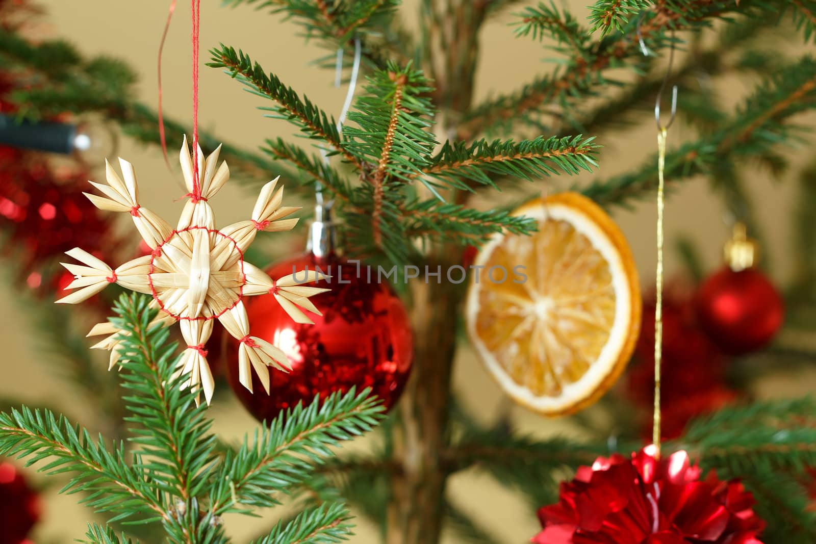 close up of straw decoration on the Christmas tree
