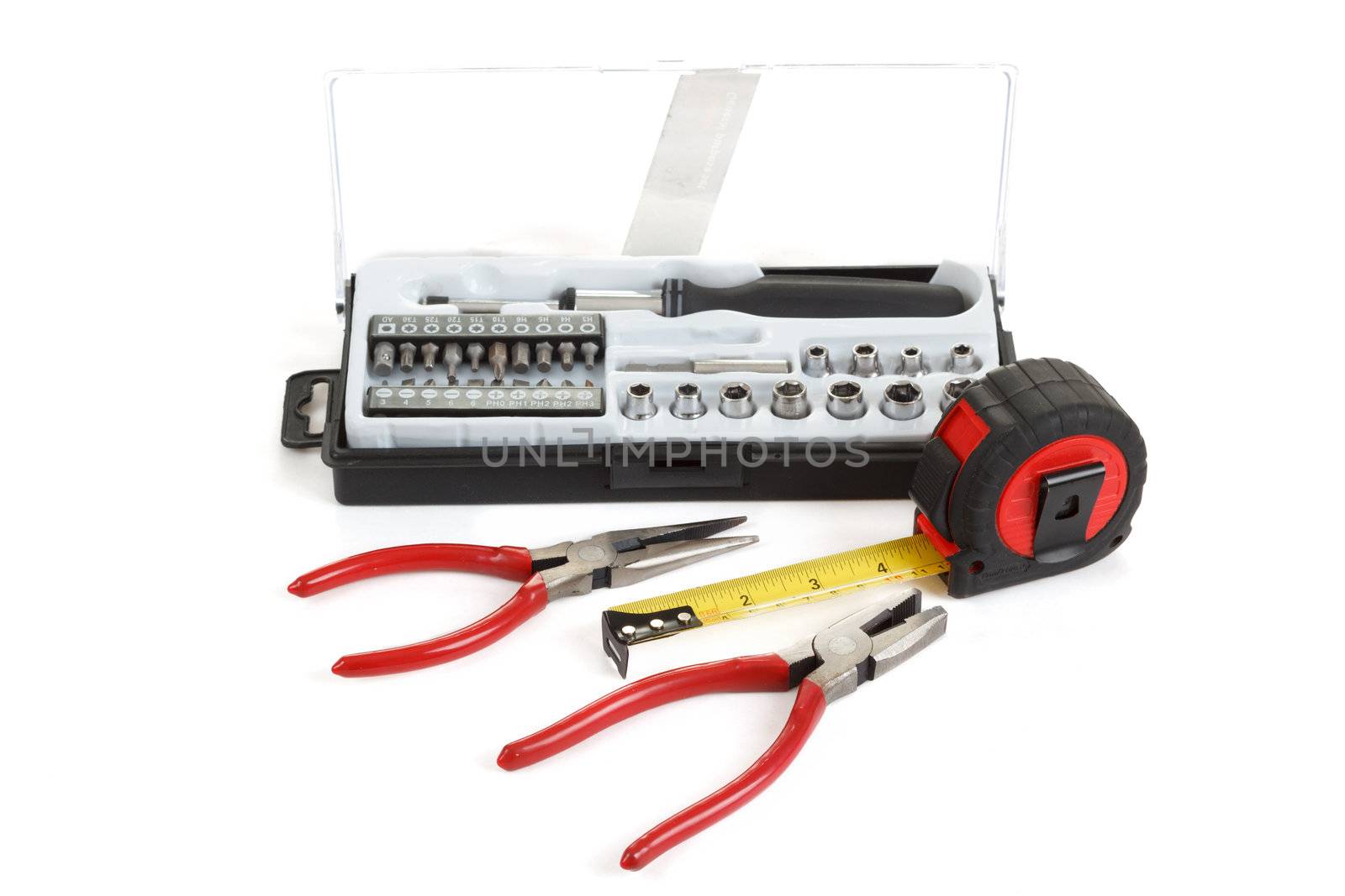 DIY work tools, screwdriver toolbox with set of bits, pliers and measuring tape