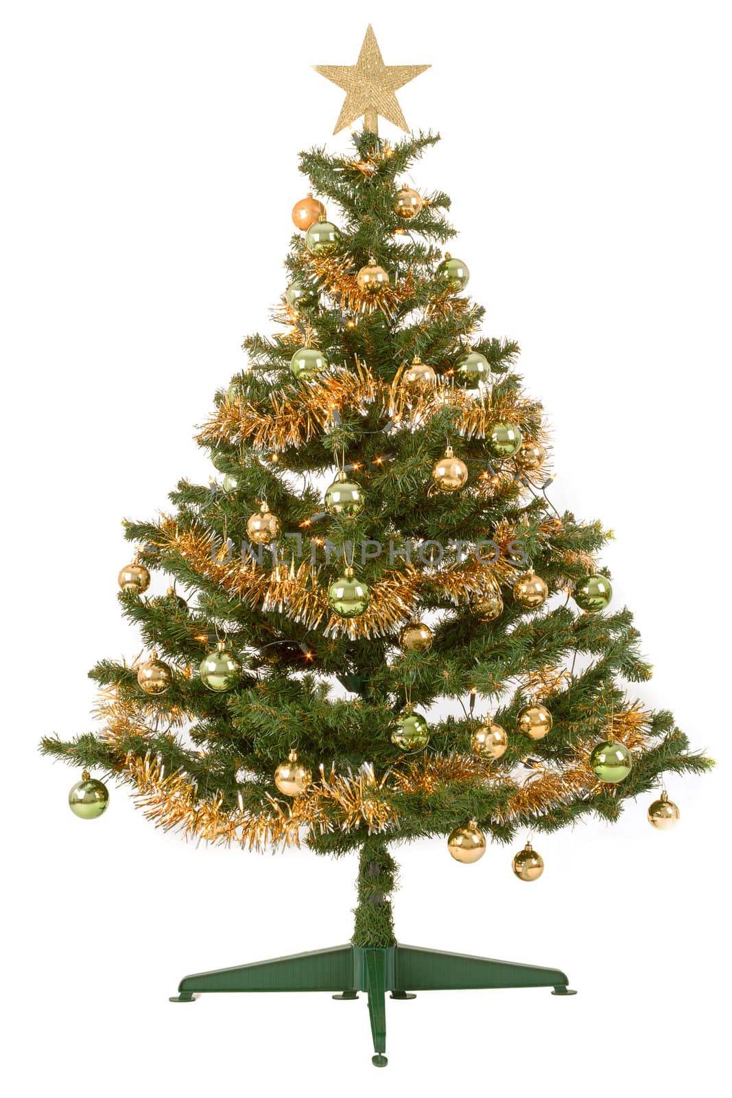 Decorated christmas tree with yellow and green balls on white background