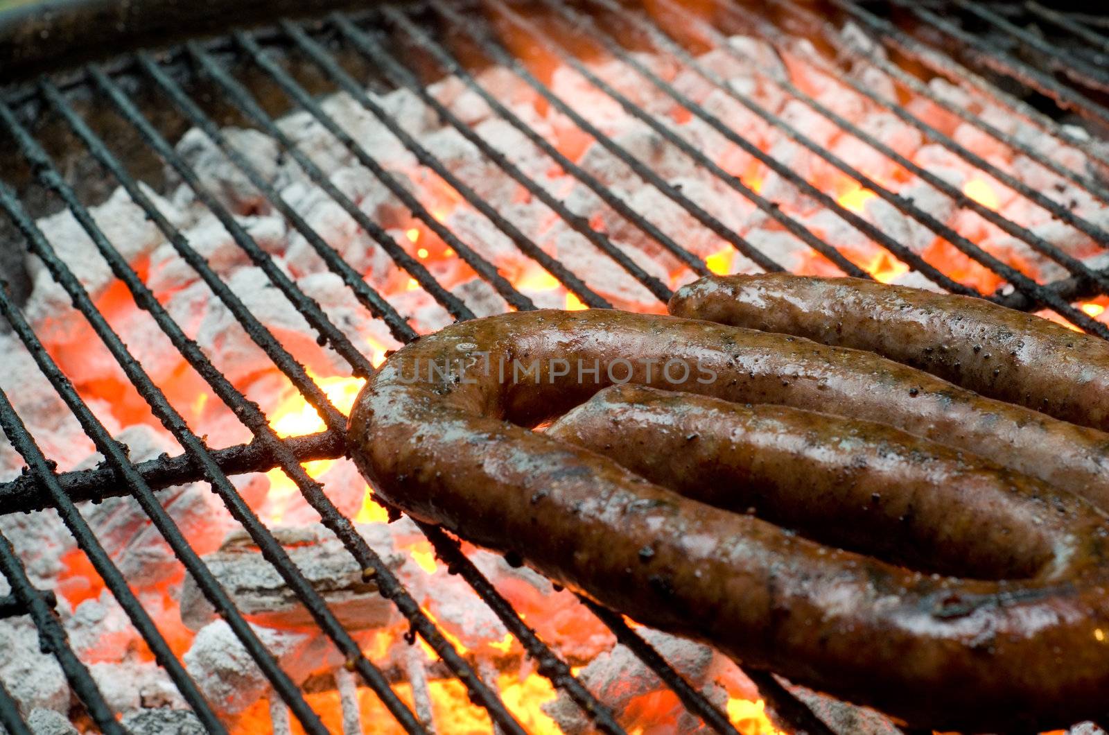 Tradtional South African braai barbecue borewors sausage on fire by alistaircotton