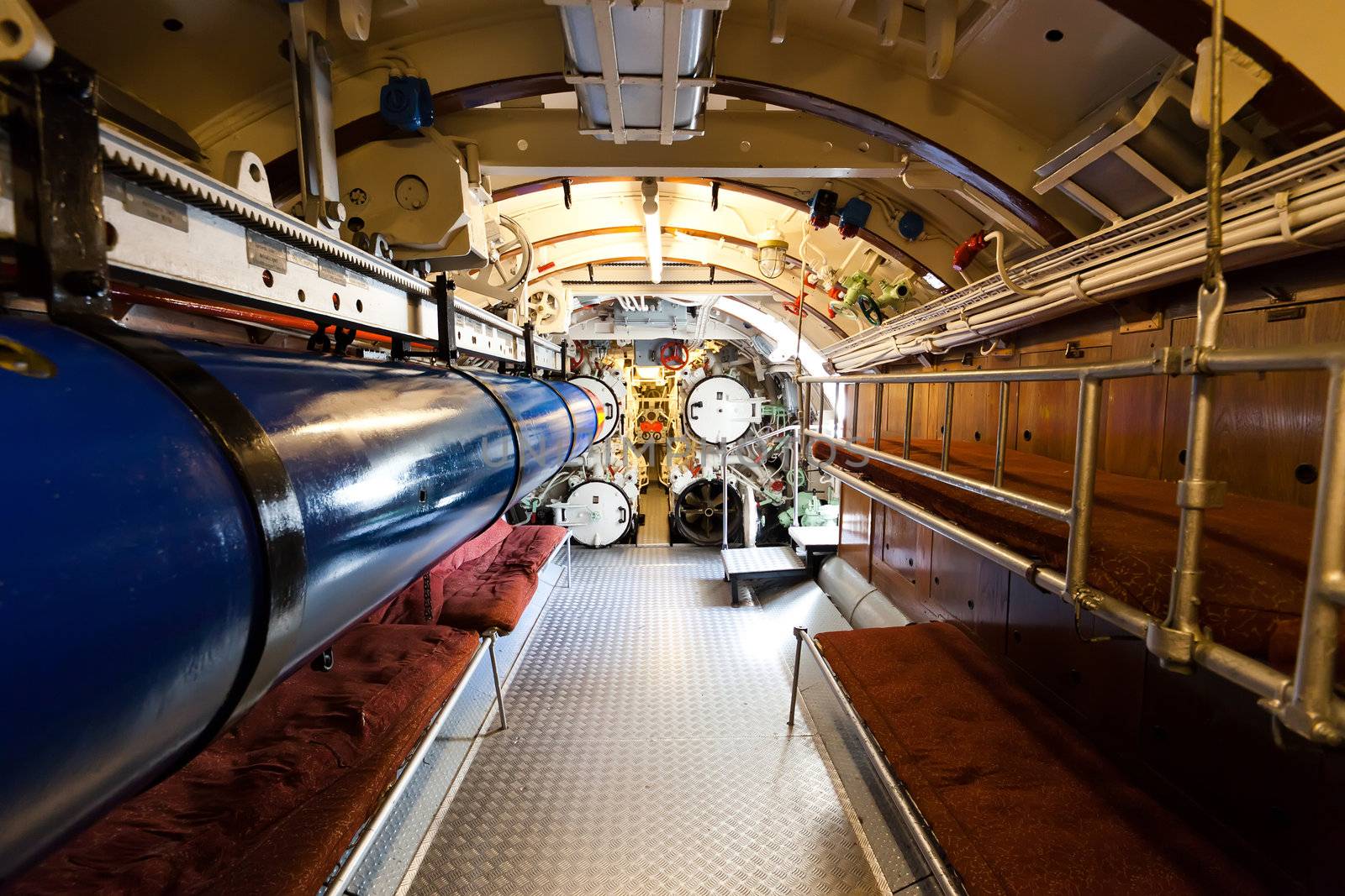 German world war 2 submarine type VIIC/41 - torpedo compartment - ultra wide angle photo - editorial photo