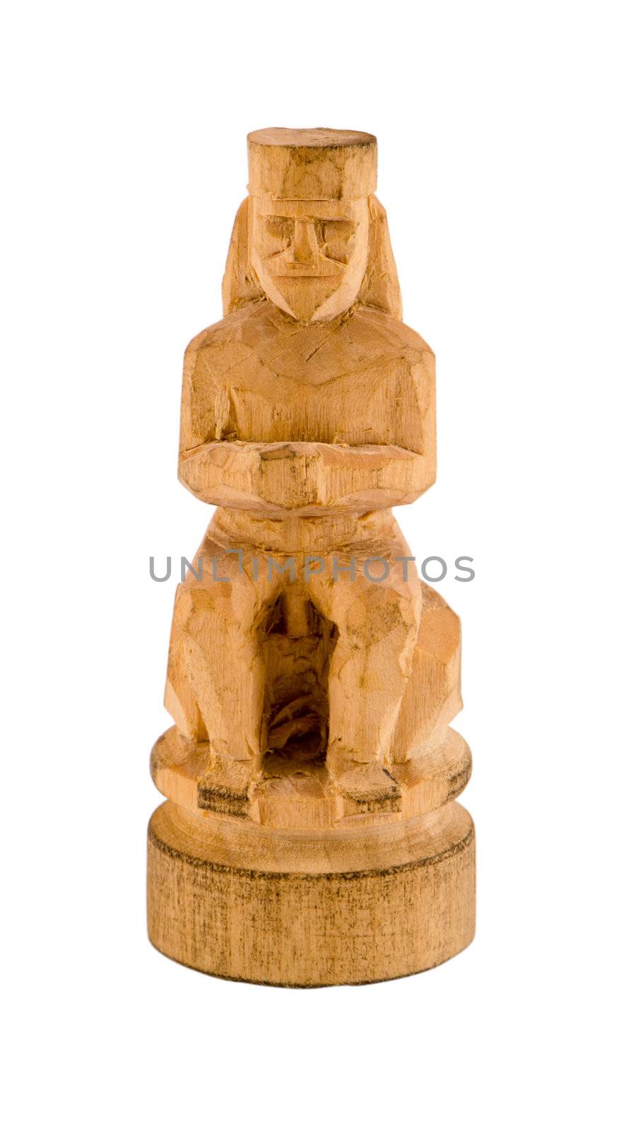 priest statue simply carved handmade craft from wood piece isolated on white background.